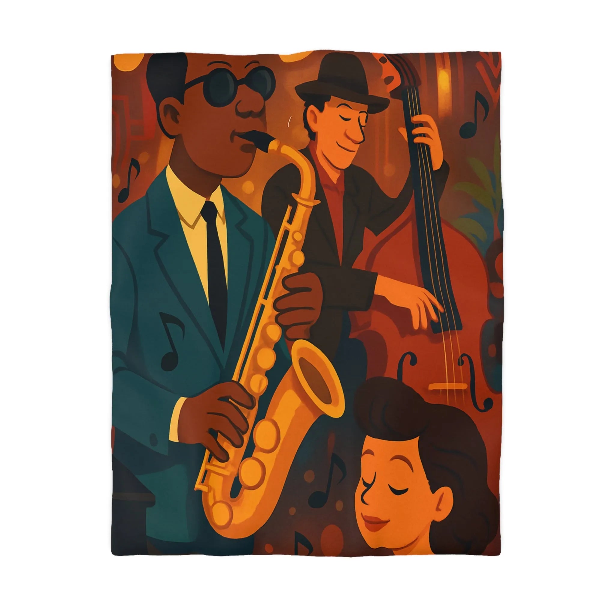 Housse de couette jazz rétro avec musiciens passionnés jouant du saxophone et contrebasse