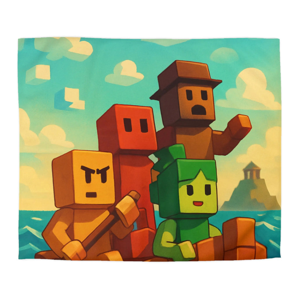 Housse de couette colorée avec personnages pixelisés sur un bateau en mer agité