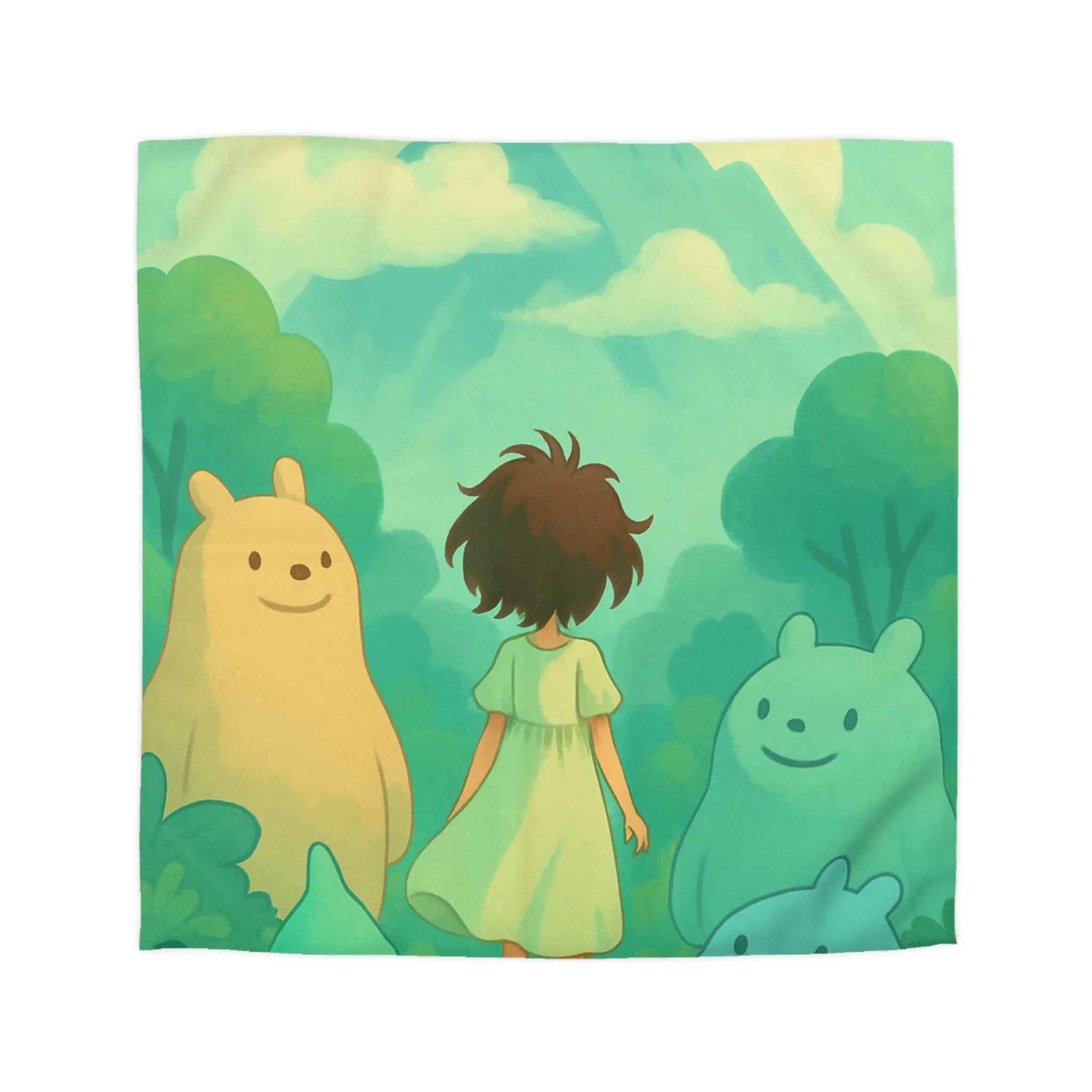 Housse de couette avec paysage montagneux enchanté et créatures amicales colorées pour chambre