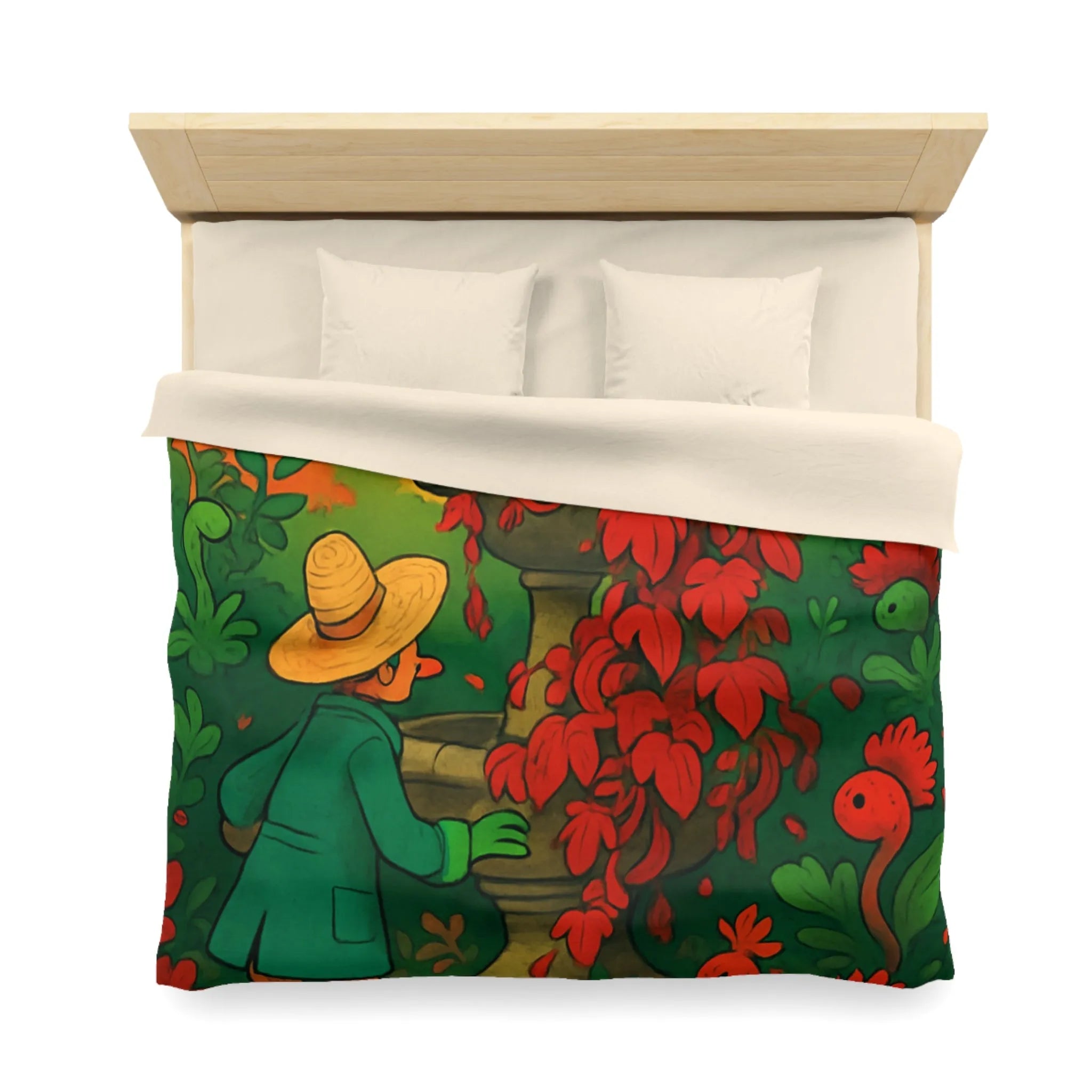 Housse de couette jardin enchanté avec fontaine et fleurs rouges pour chambre colorée