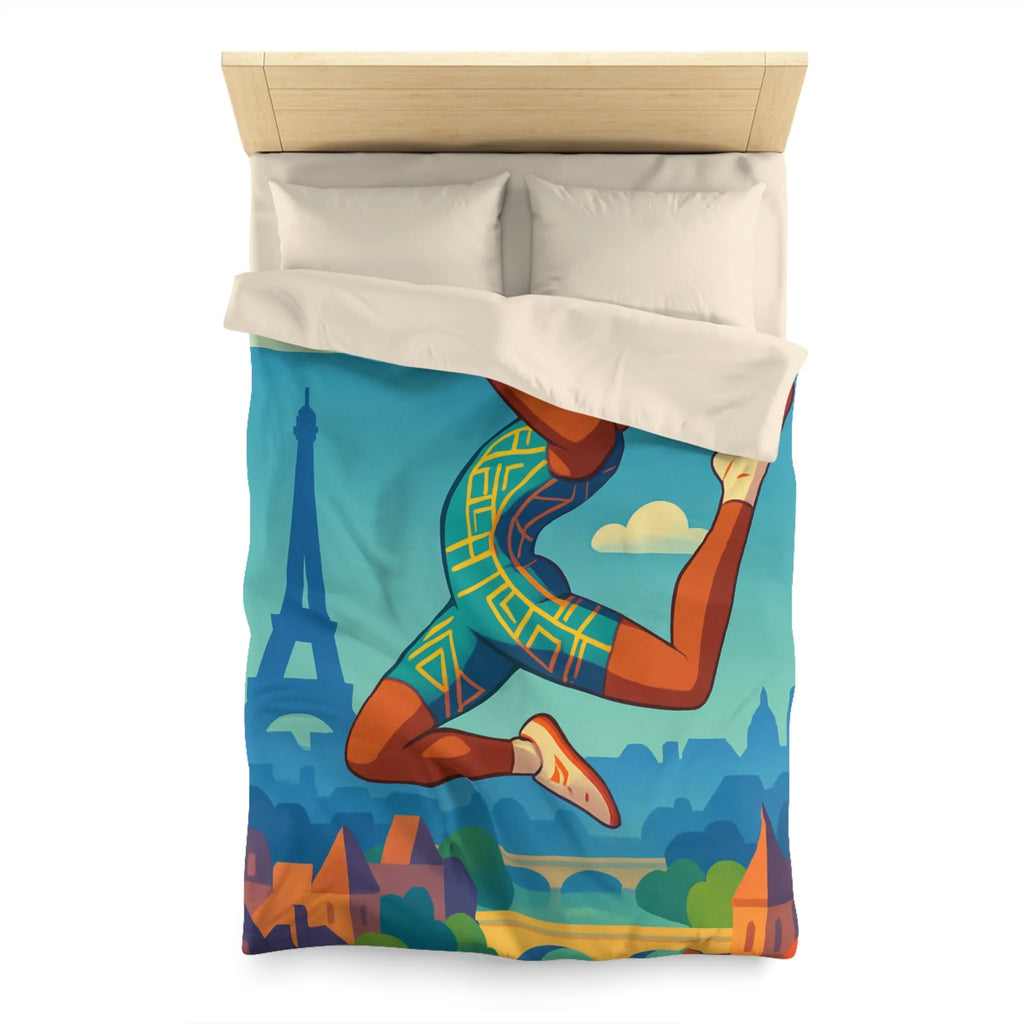 Housse de couette athlète sautant en ville avec ciel bleu et monuments célèbres