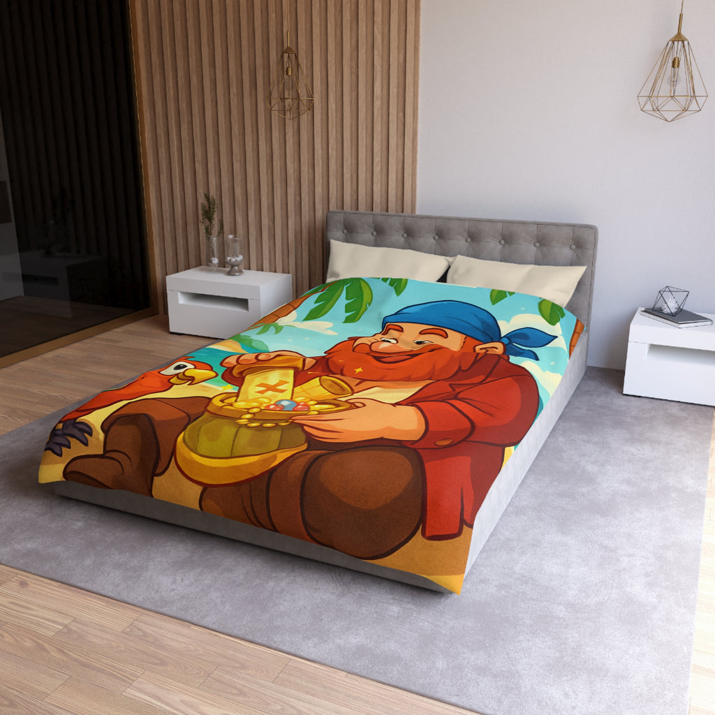 Housse de couette pirate joyeux trésor plage, perroquet coloré, mer et palmiers