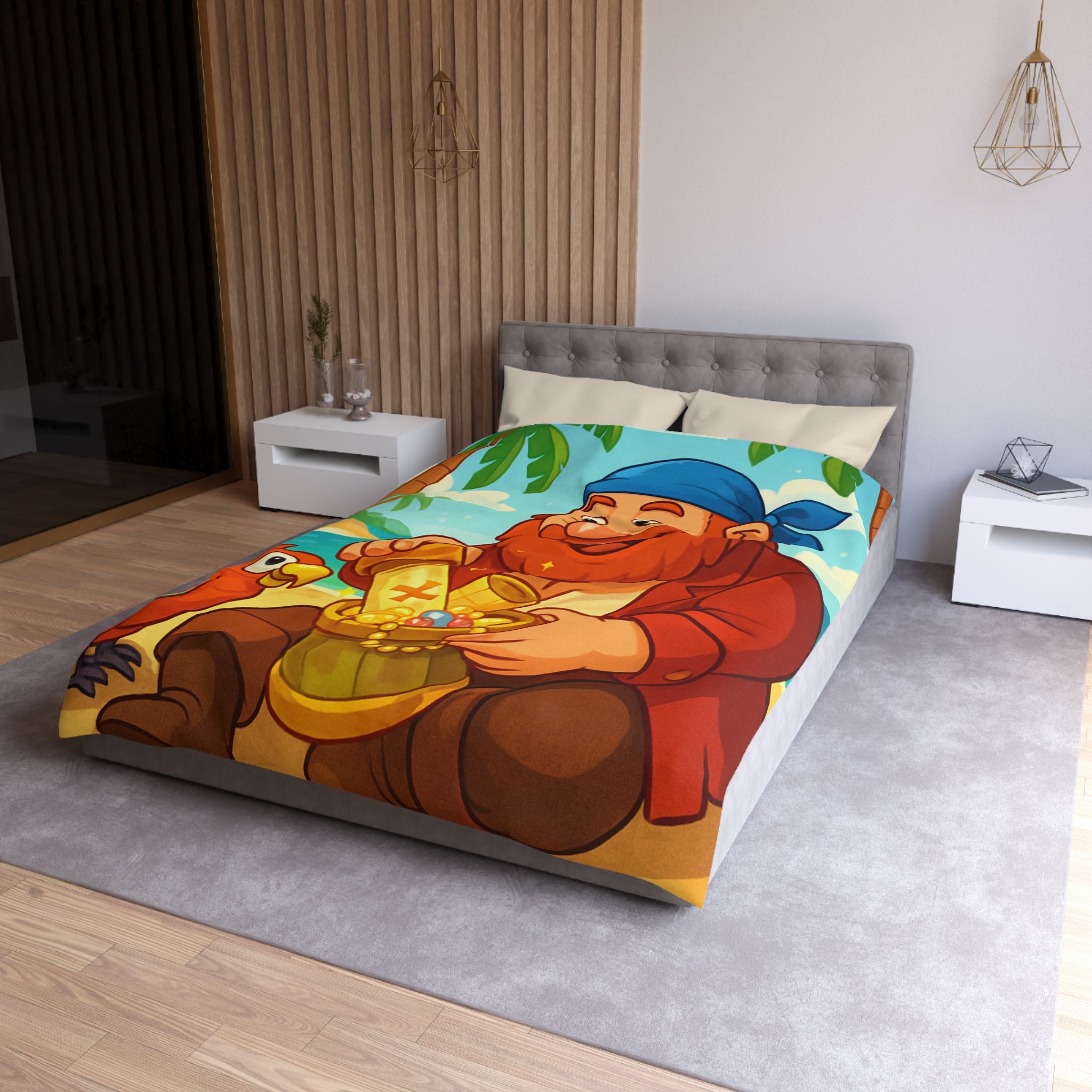 Housse de couette pirate joyeux trésor plage, perroquet coloré, mer et palmiers