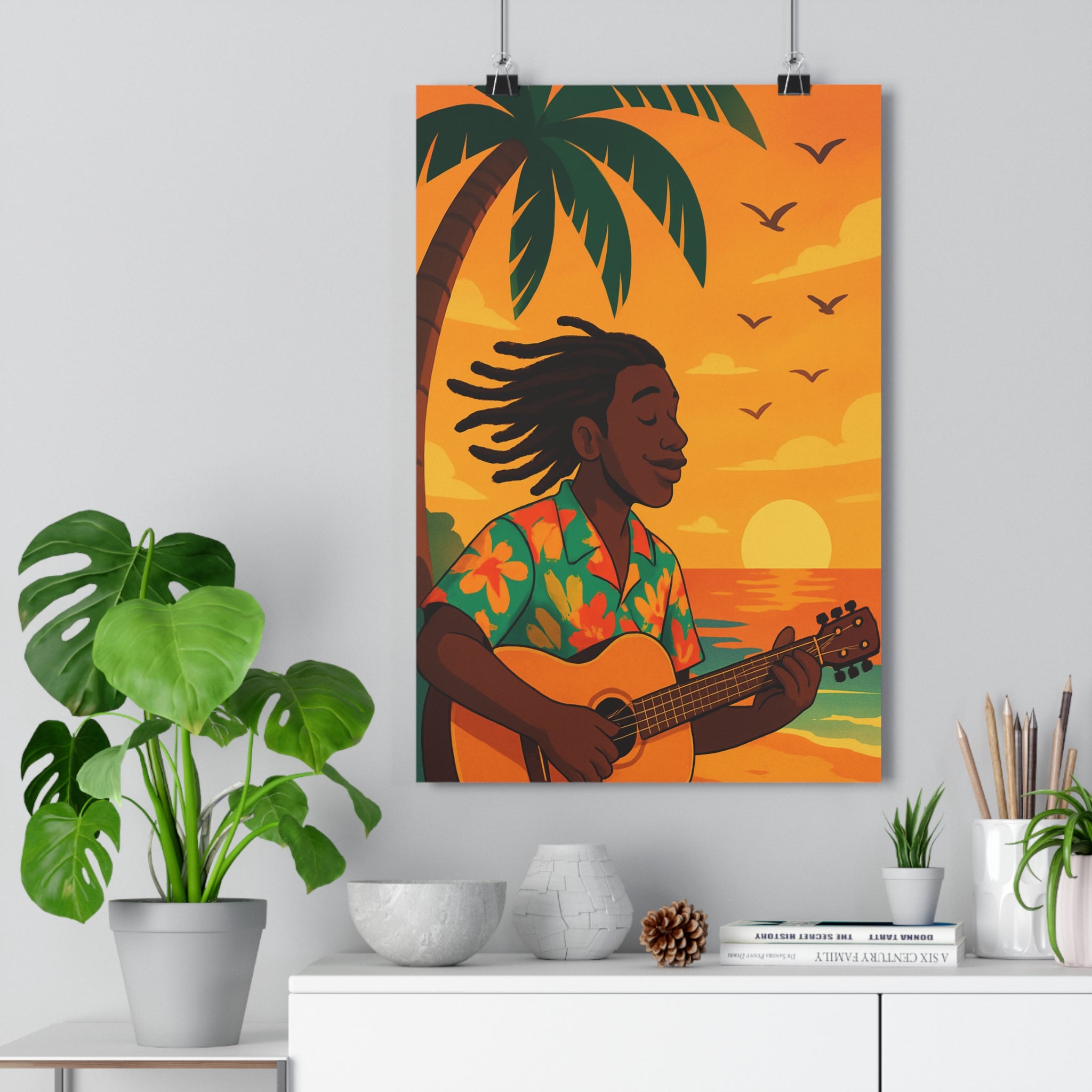 Poster décoratif tropical coloré jaune vert coucher soleil guitare musique ambiance relaxante salon chambre