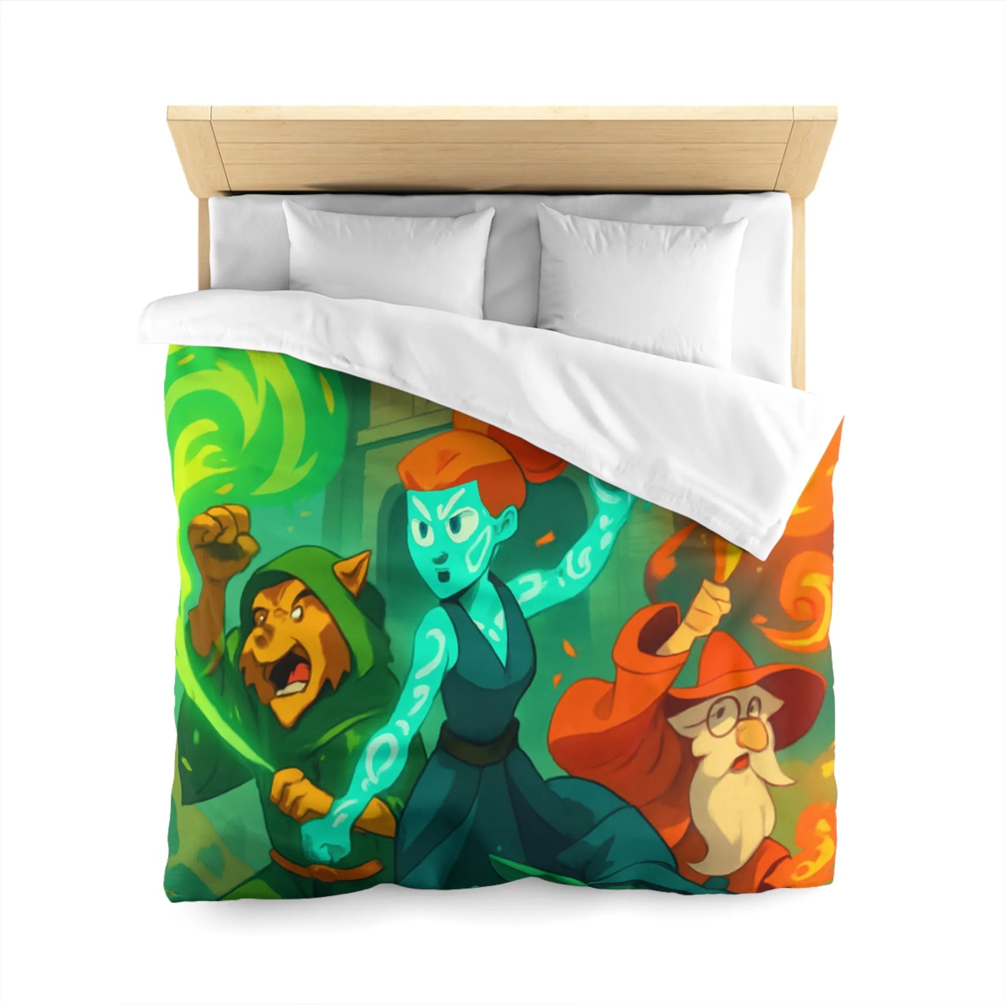 Housse de couette magique pour enfant avec personnages et château, ambiance féérique animée