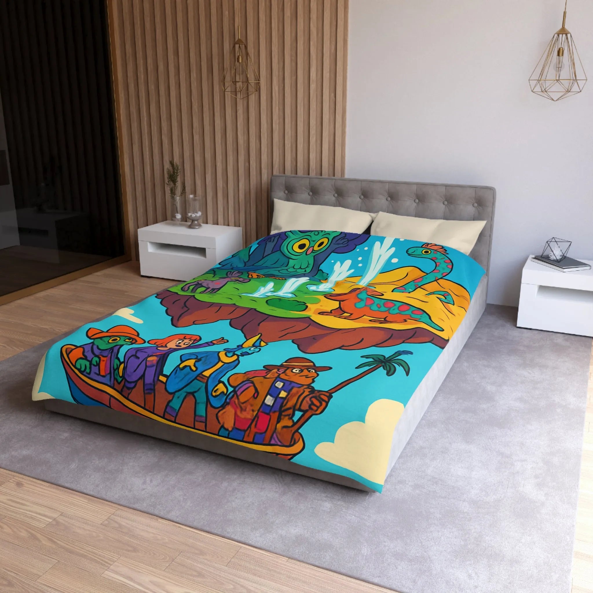 Housse de couette fantaisie avec animaux colorés sur une île flottante magique