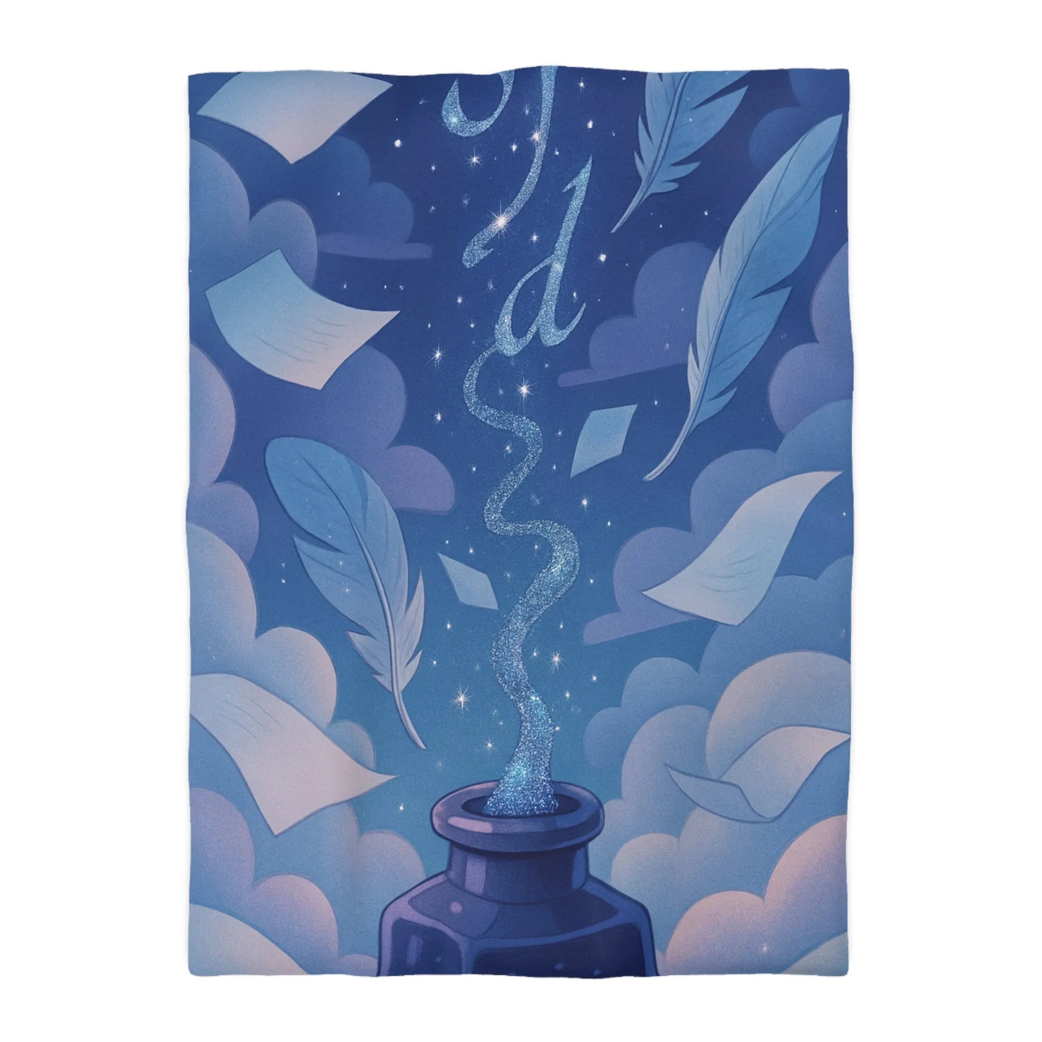 Housse de couette magique avec encre flottante, plumes et nuages rêveurs bleutés