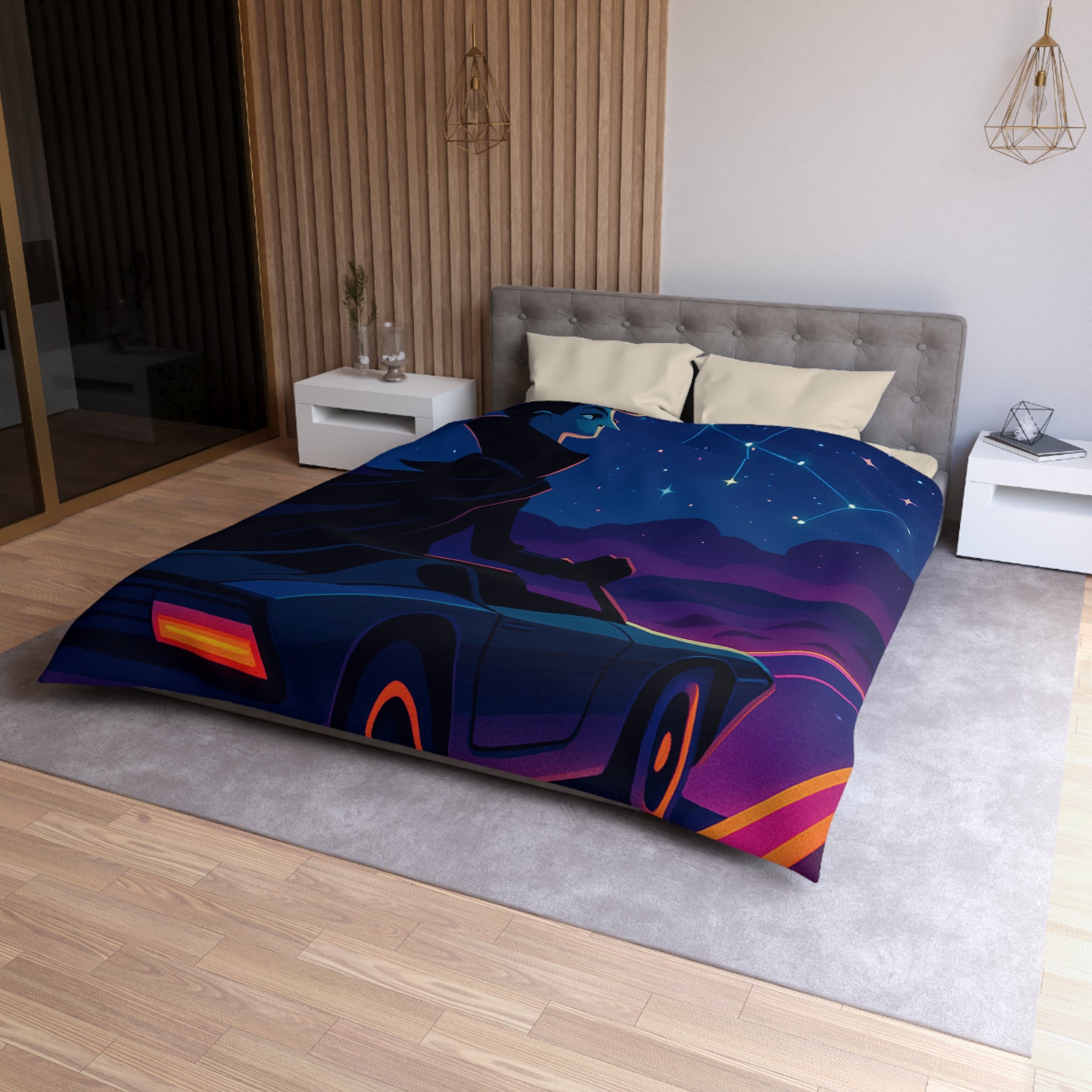 Housse de couette rétro avec constellations et voiture sous ciel étoilé et planète