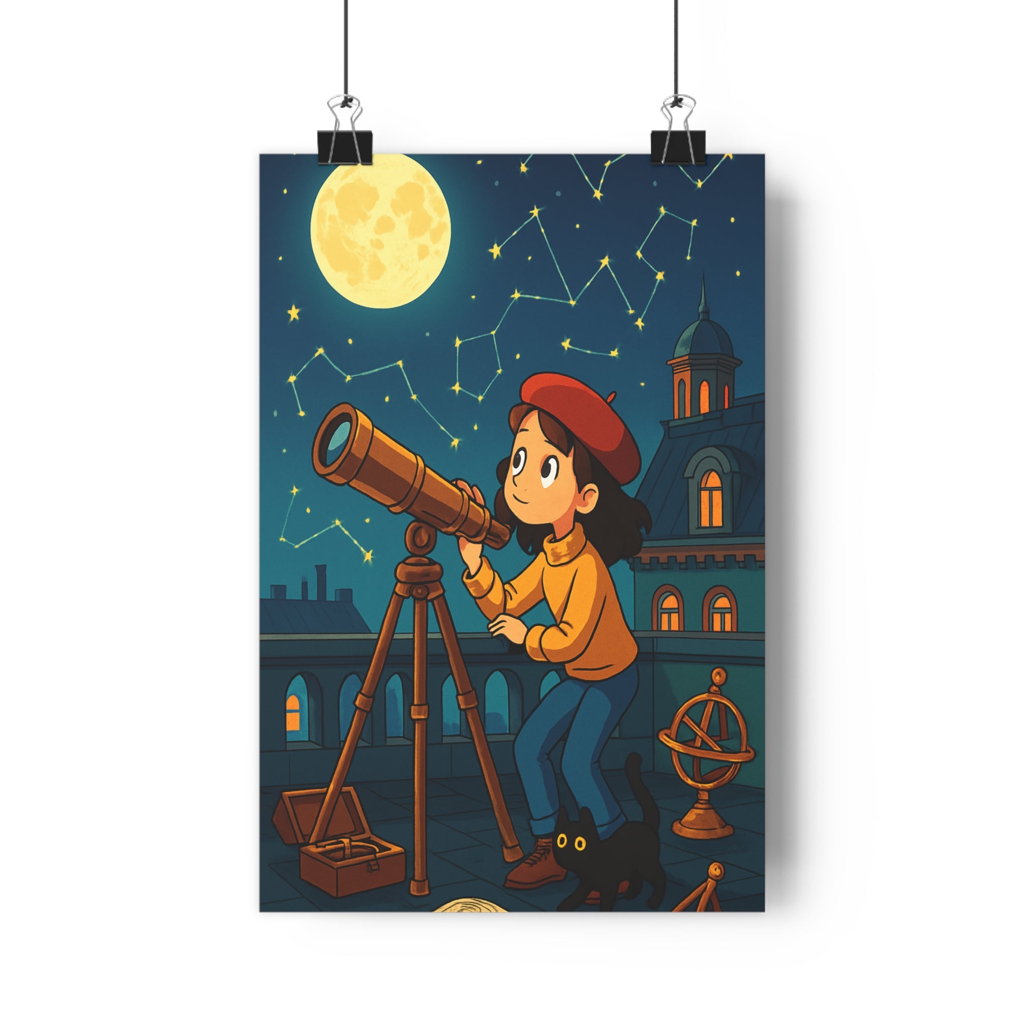 Poster décoratif mystique lune bleu noir fille aventure rétro astronomique chambre vintage captivant élégant
