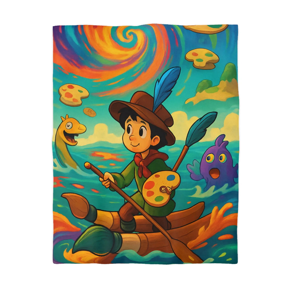 Housse de couette aquarelle enfantine, enfant peignant dans un tourbillon de couleurs vives