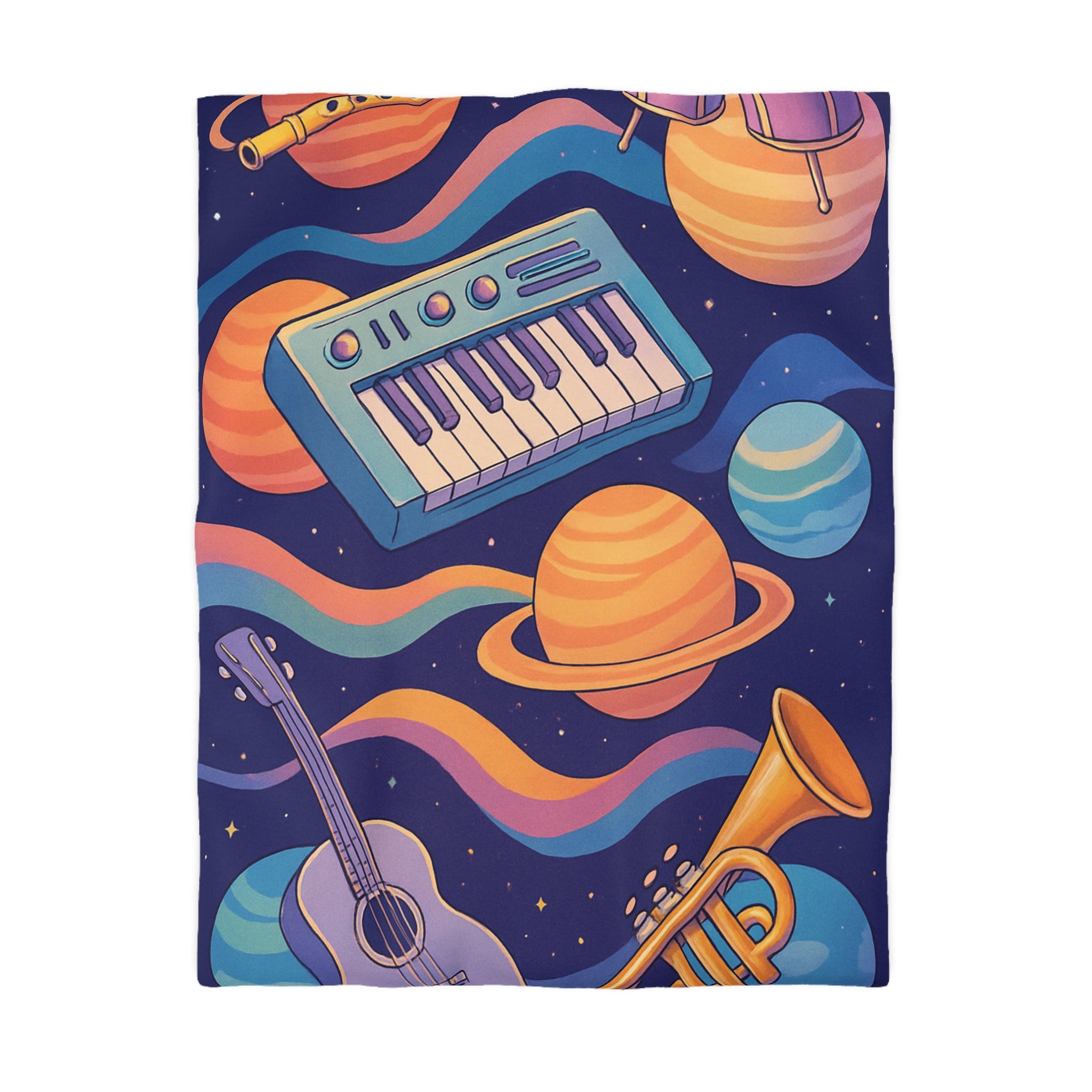 Housse de couette musicale colorée avec espace et instruments dans un univers imaginaire