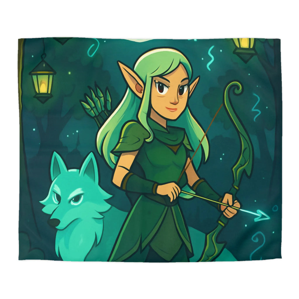 Housse de couette elfe archère et loup sous lune magique dans forêt mystérieuse