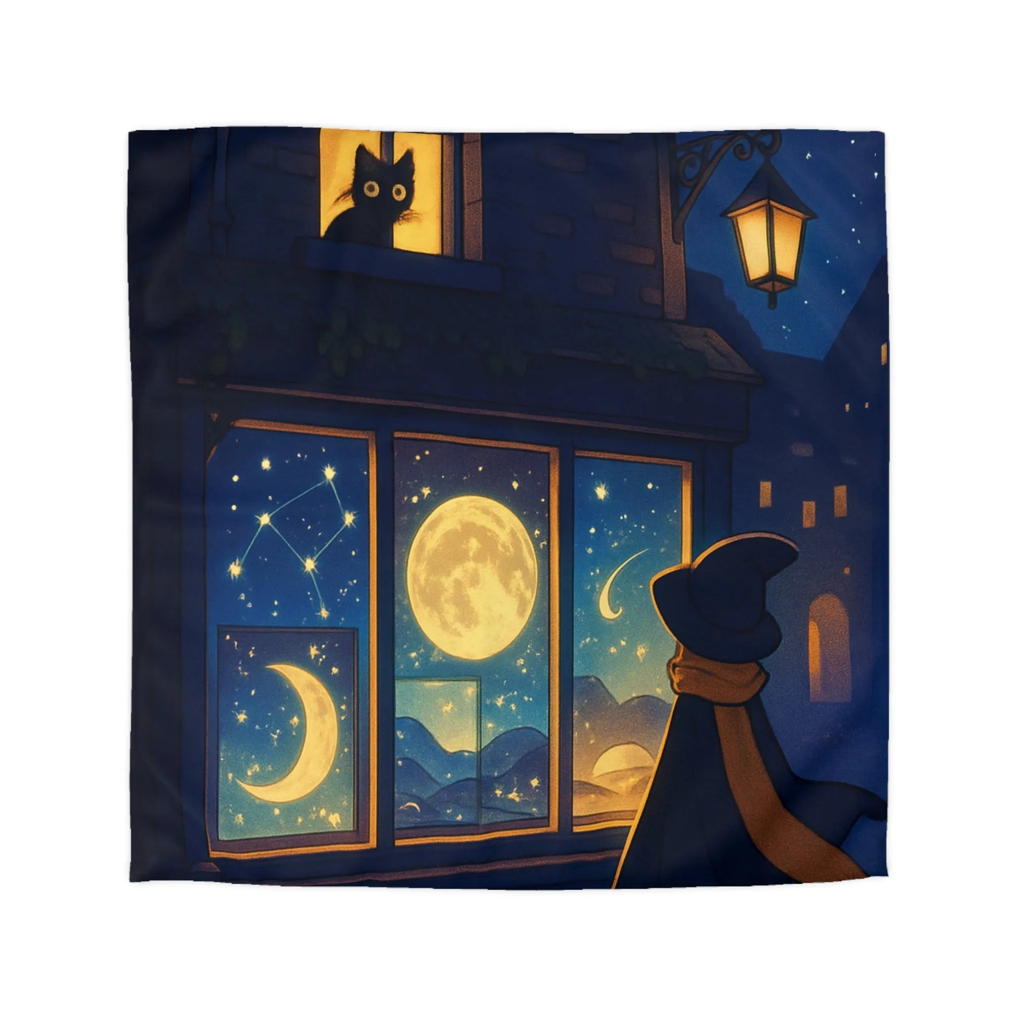 Housse de couette magique avec scène nocturne féerique, chat mystique et ciel étoilé