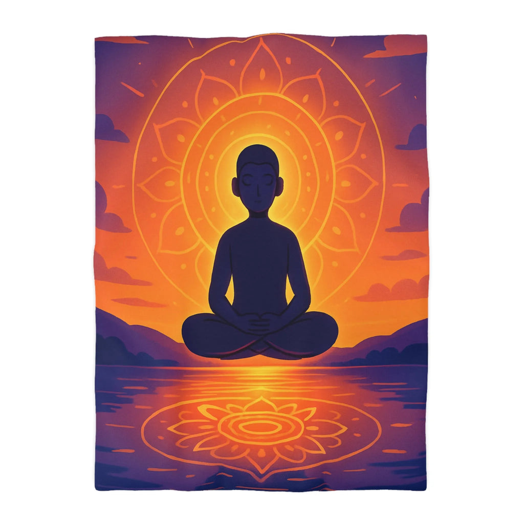 Housse de couette méditation silhouette au coucher de soleil avec reflet mandala lumineux