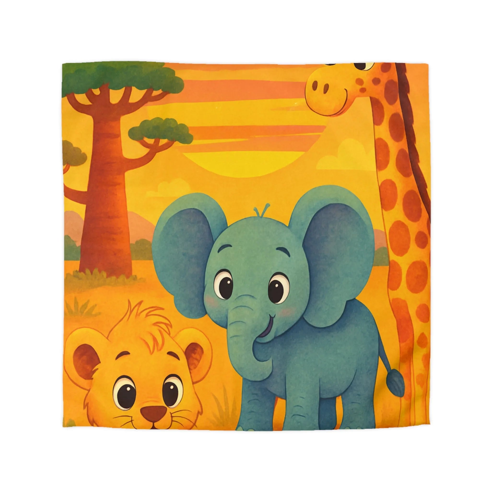 Housse de couette enfants safari animaliers avec lion, éléphant et girafe rigolos