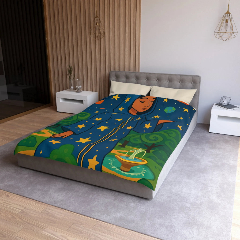 Housse de couette étoilée avec personnage mystique sous ciel galactique et nature luxuriante