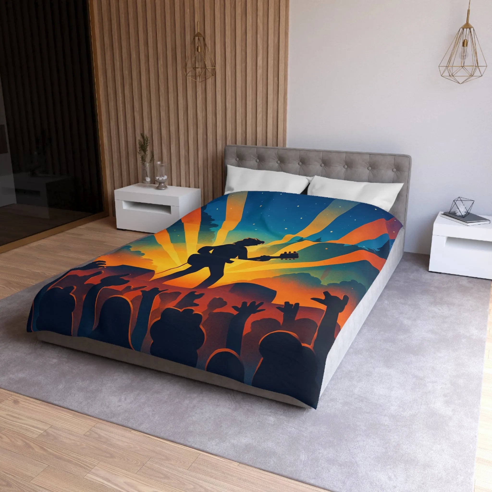 Housse de couette concert rock silhouette guitare ambiance nocturne festival forêt étoiles