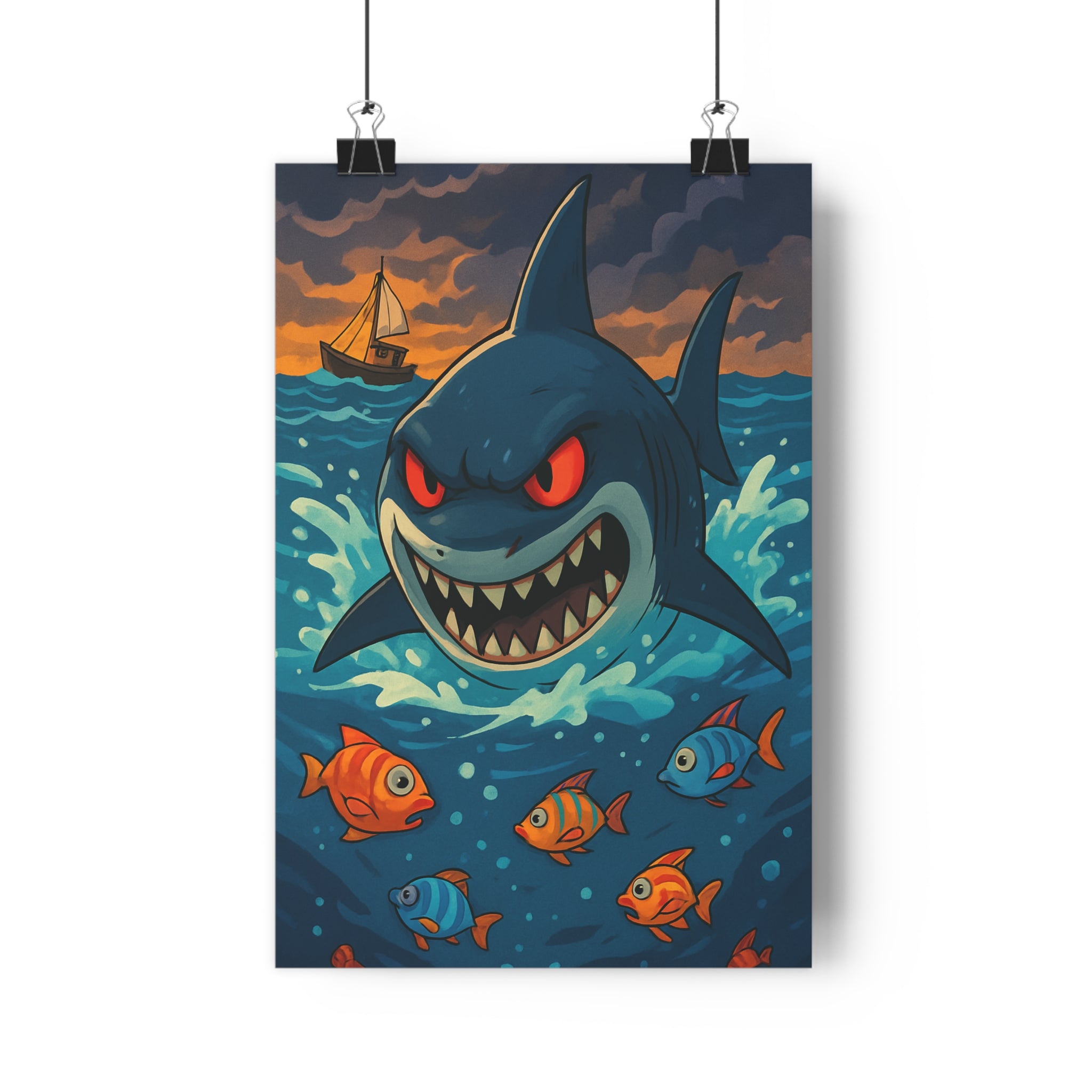 Poster décoratif cartoon dynamique requin bleu orange enfant chambre aventure fun mer océan unique