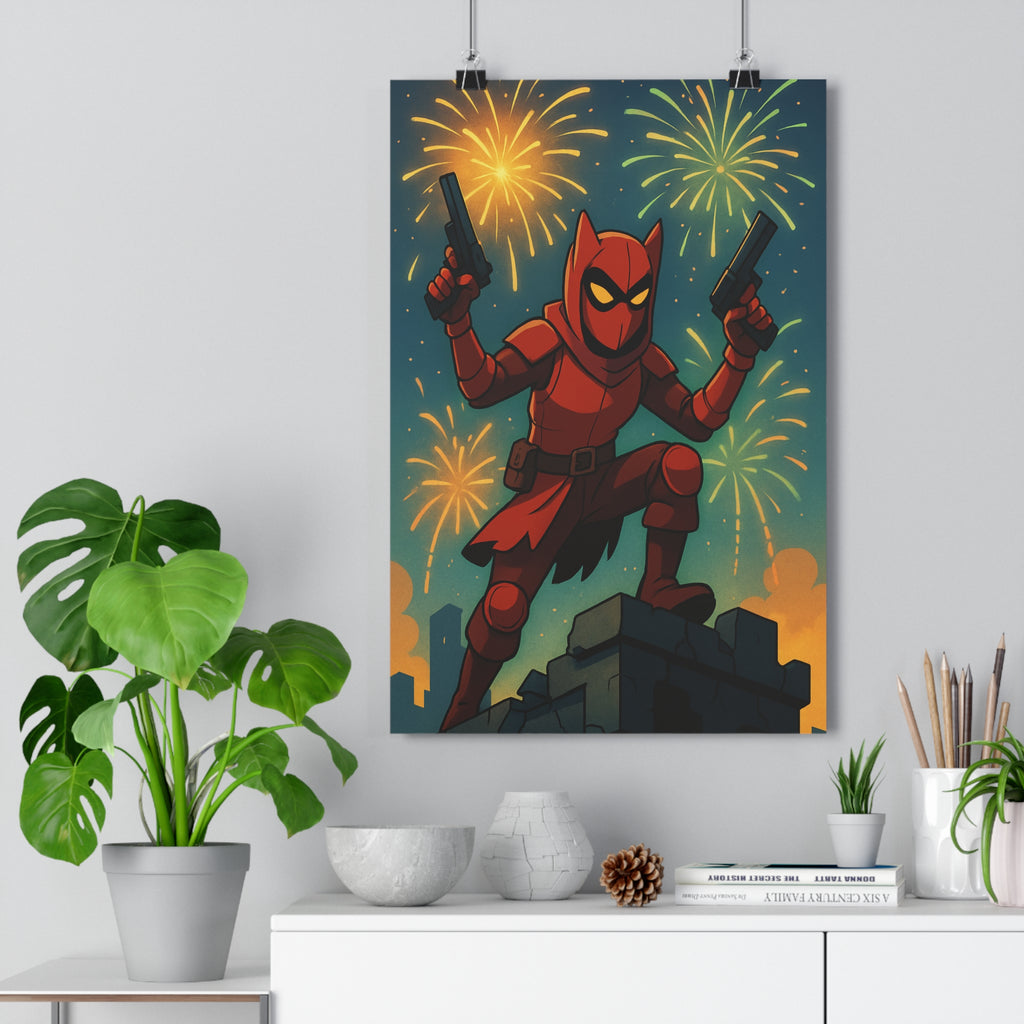 Poster décoratif héros rouge dynamique feux artifice bd vibrant salon chambre aventure action qualité