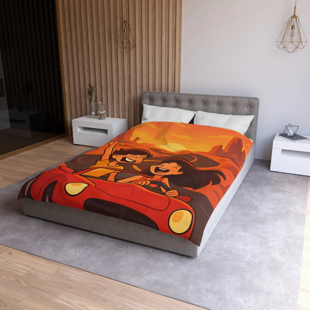 Aventure en voiture rouge dans un désert ensoleillé avec couple et aigle volant