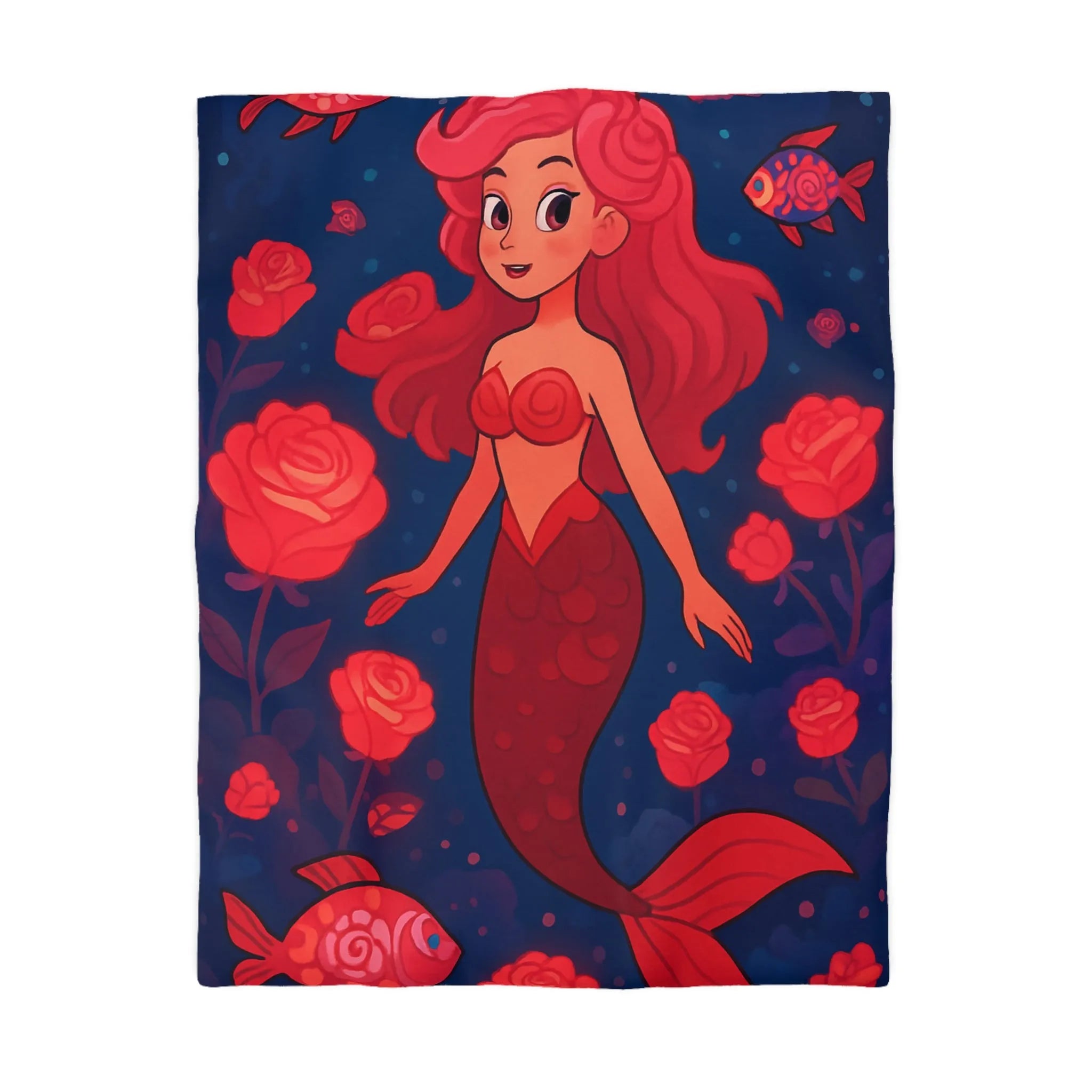 Enchantante scène de sirène rouge entourée de roses lumineuses et poissons fascinants