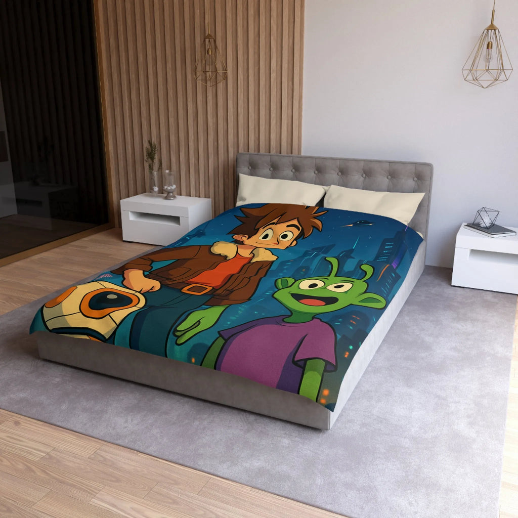 Housse de Couette Colorée avec Enfant et Alien, Aventures dans la Ville Futuriste