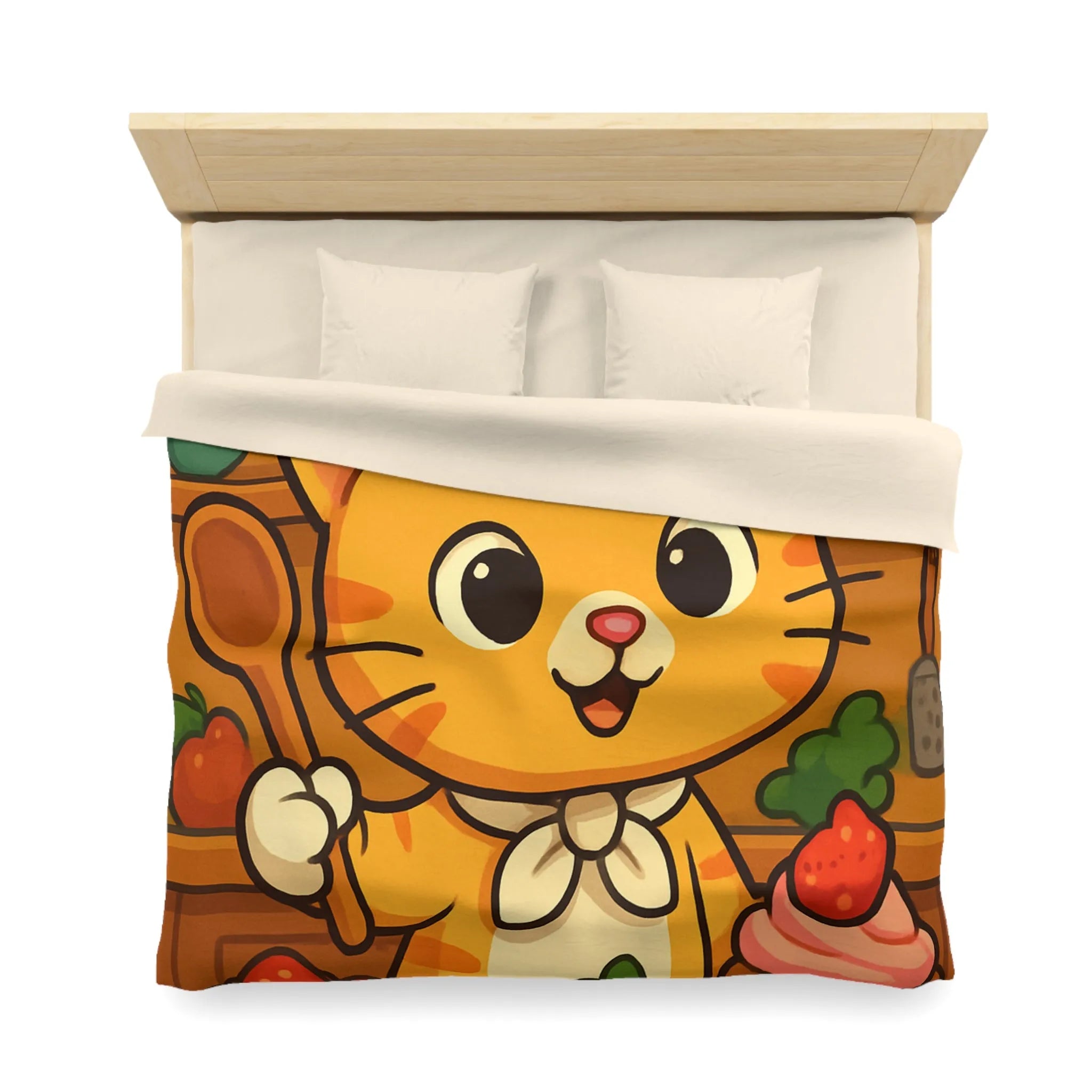 Housse de couette colorée avec chat cuisinier et pâtisseries dans une cuisine animée