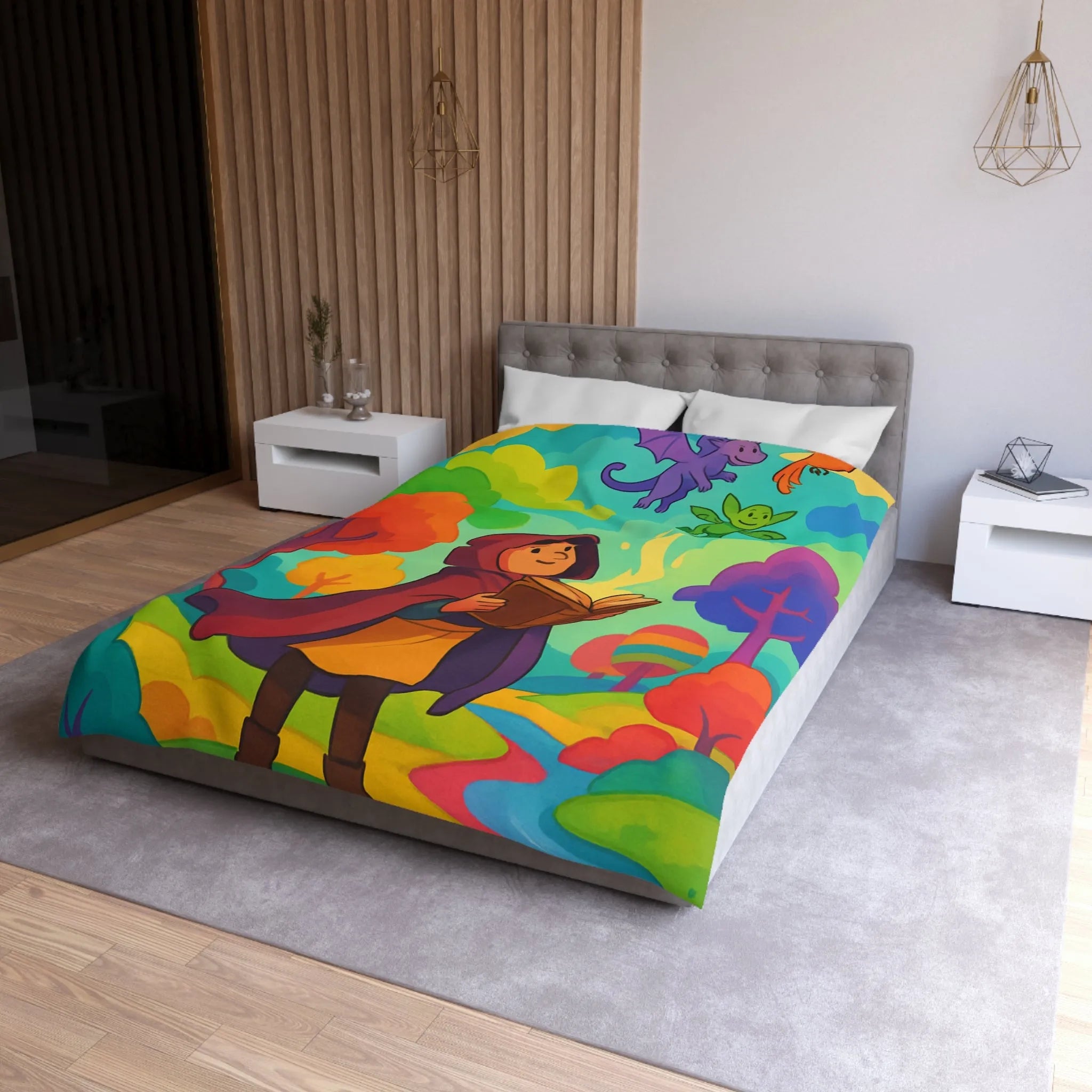 Housse de couette colorée avec scène magique de livre et créatures fantastiques