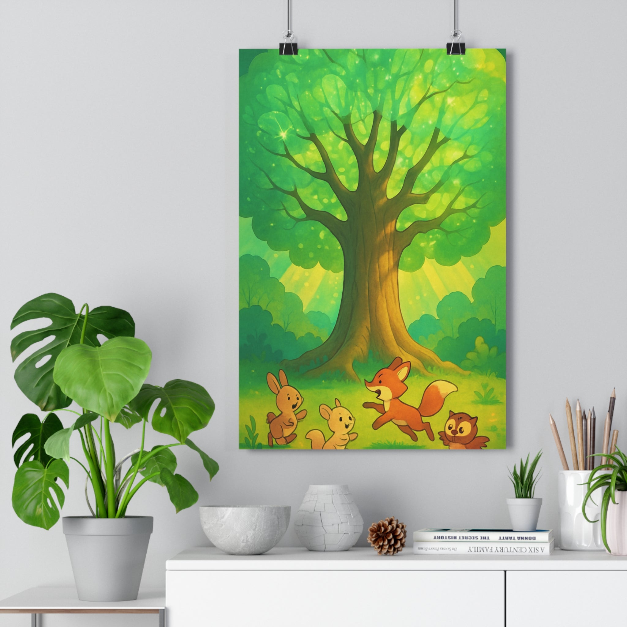 Poster décoratif animé vert doré joyeux enfant chambre nature fantaisie renard lapins chouette 30x46