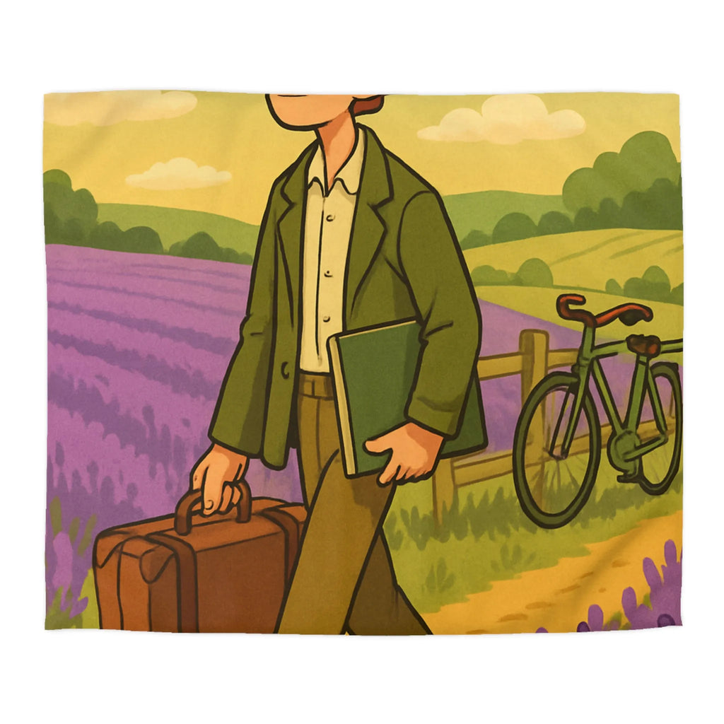 Housse de Couette Champêtre Lavande avec Jeune Homme et Vieux Vélo Vintage