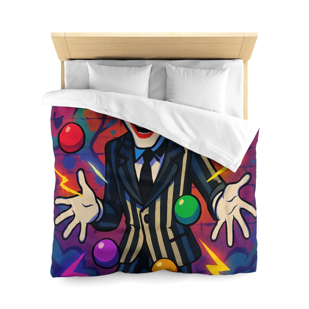 Housse de couette clown rayé jonglant avec des éclairs et des formes colorées