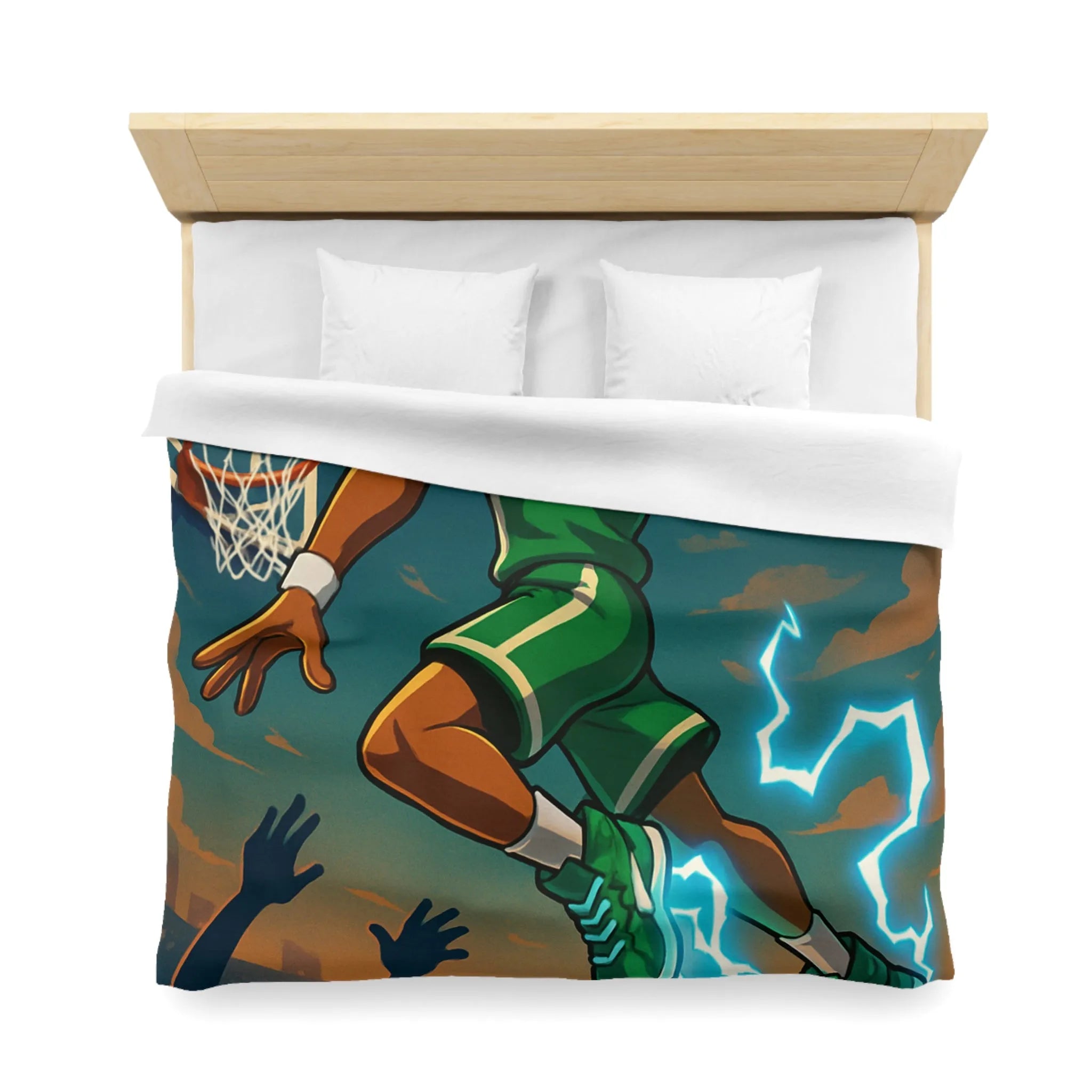 Housse de couette basket dynamique avec joueur en plein slam dunk lumineux