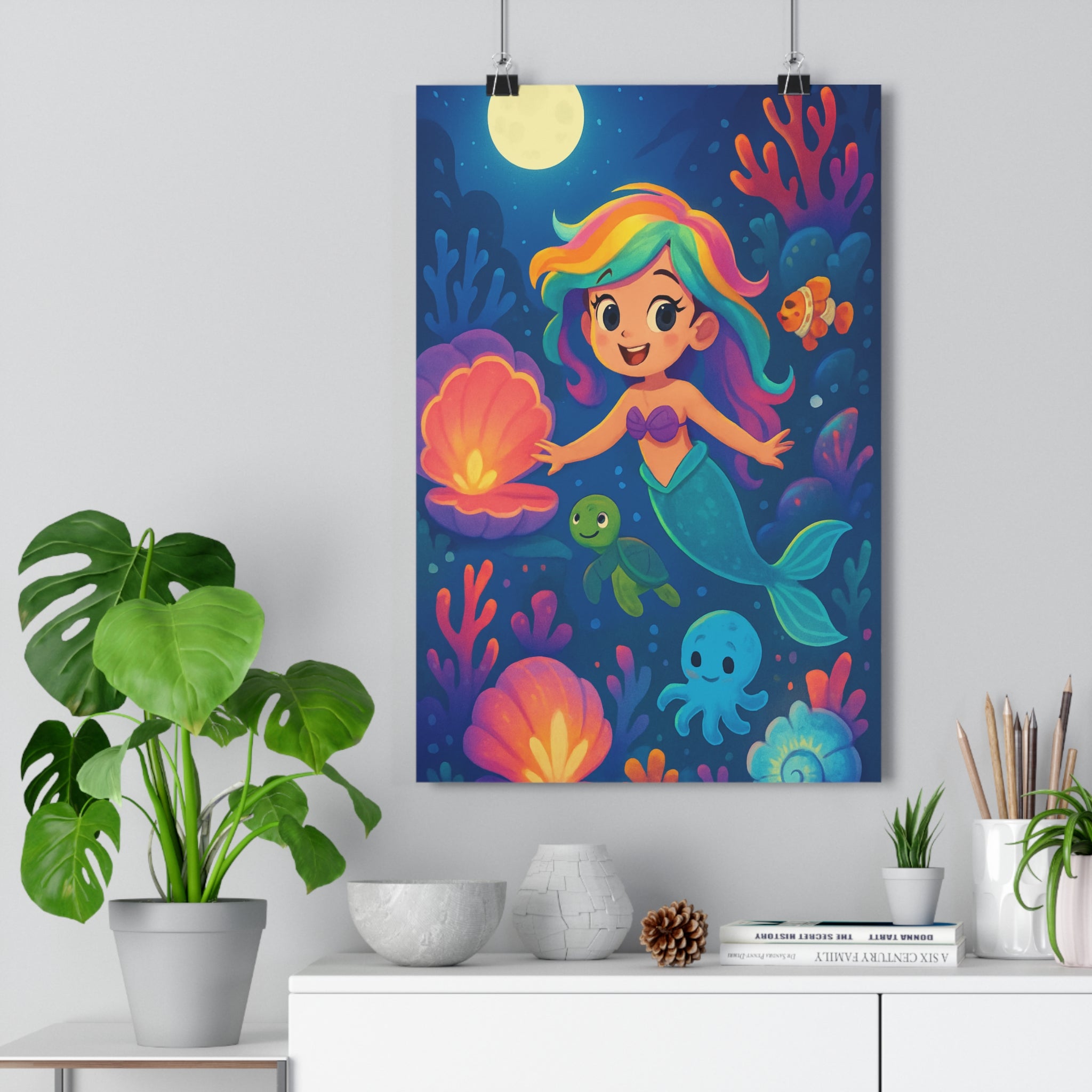 Poster décoratif enchanté sirène corail tortue pieuvre bleu vert chambre enfant apaisant 30x46 qualité