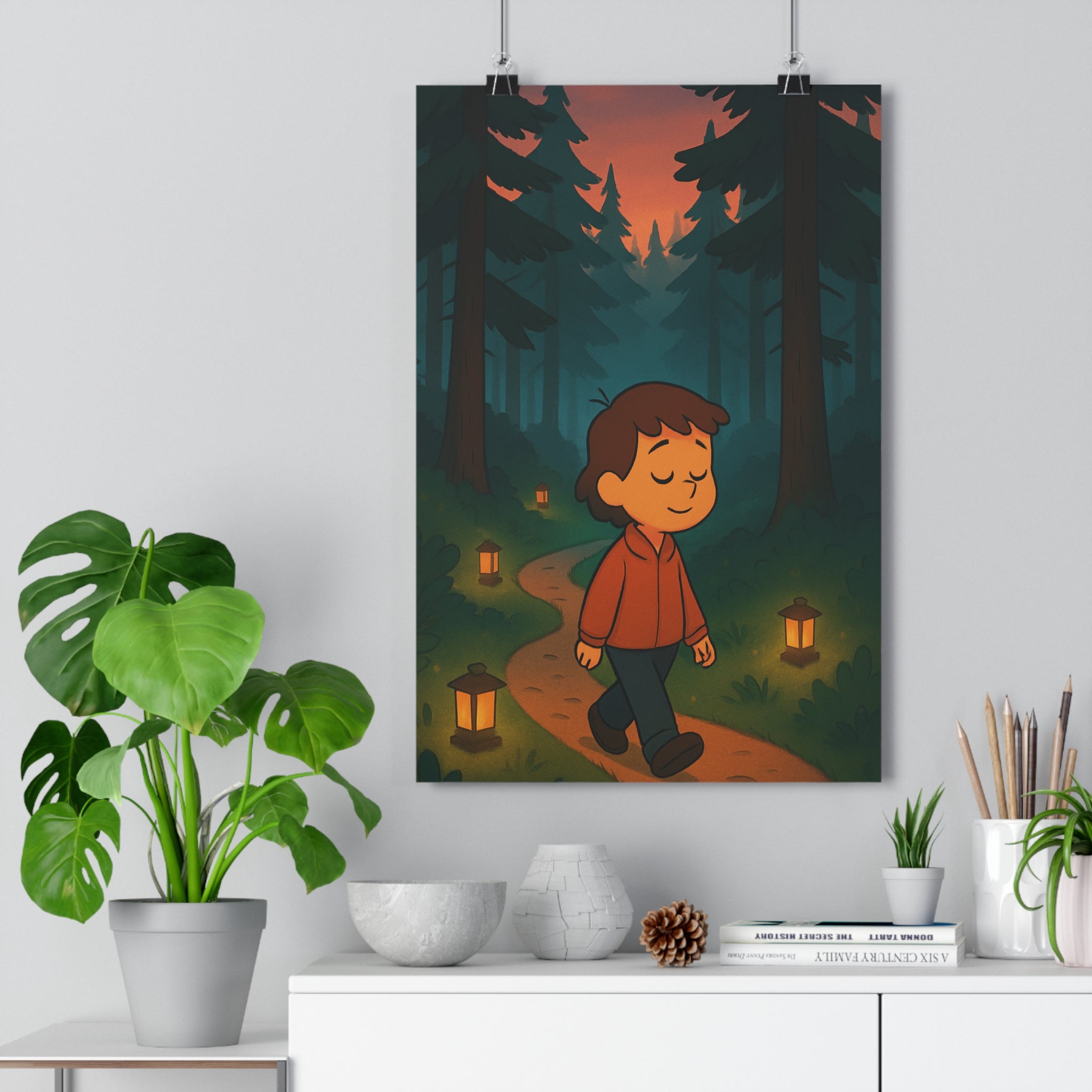 Poster décoratif cartoon enfant forêt crépuscule chambre apaisant texturé lumineux majestueux sérénité qualité premium