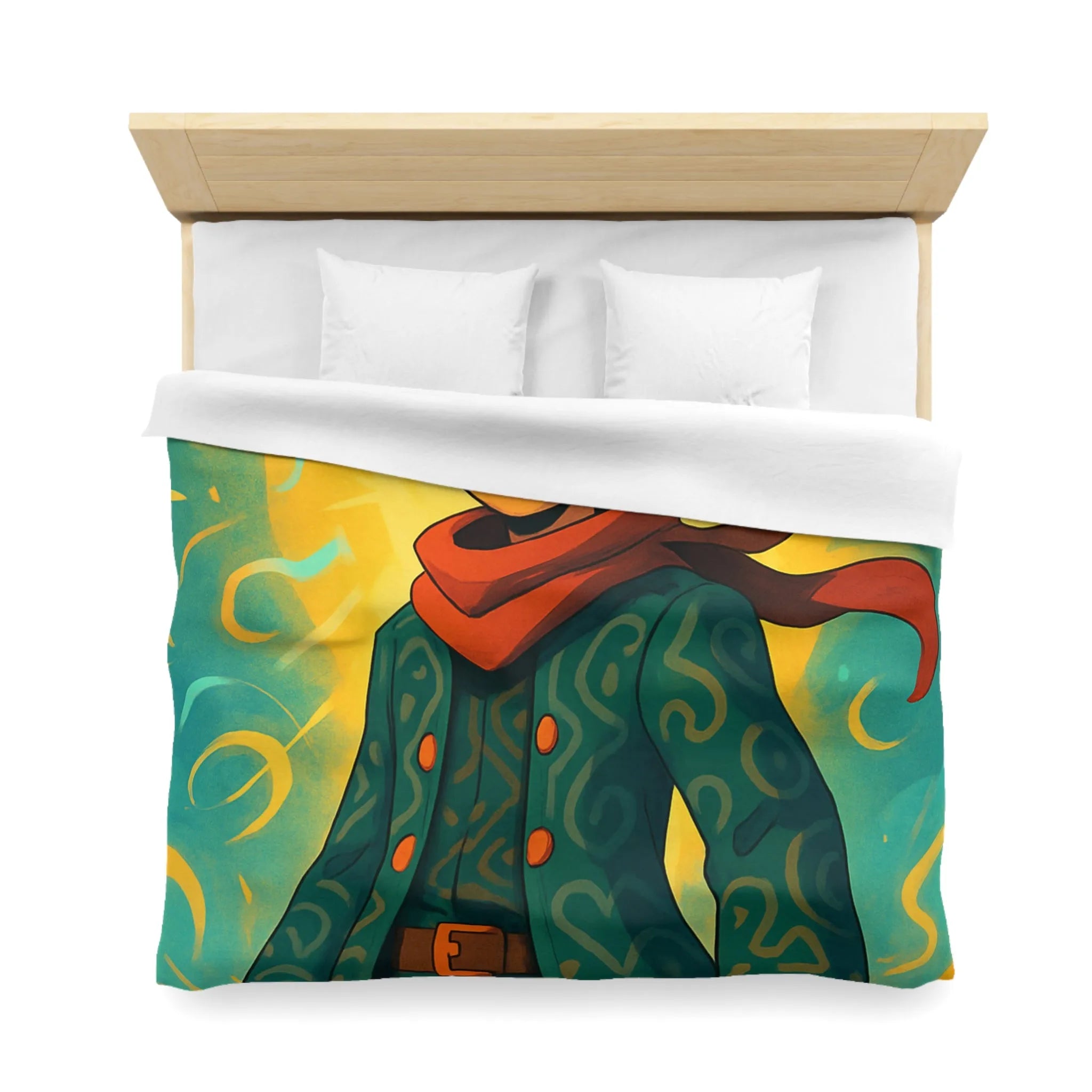 Éclatante illustration magique pour housse de couette avec personnage courageux et motifs abstraits colorés