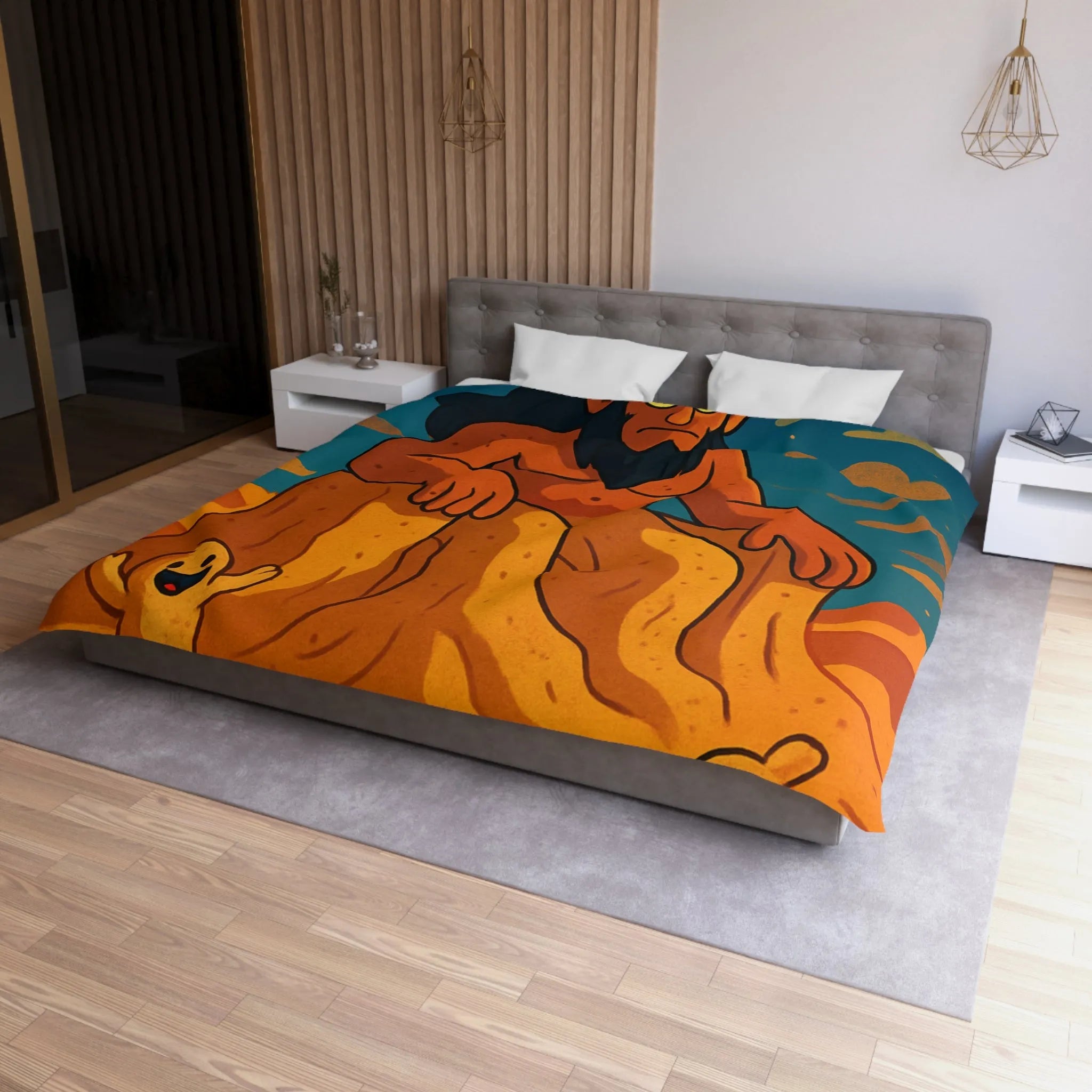 Housse de couette illustration désert démon cornu amusant créatures souriantes ciel étoilé