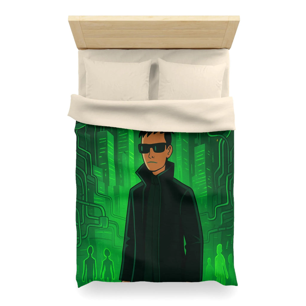 Housse de couette design futuriste vert avec motif personnage et ville numérique