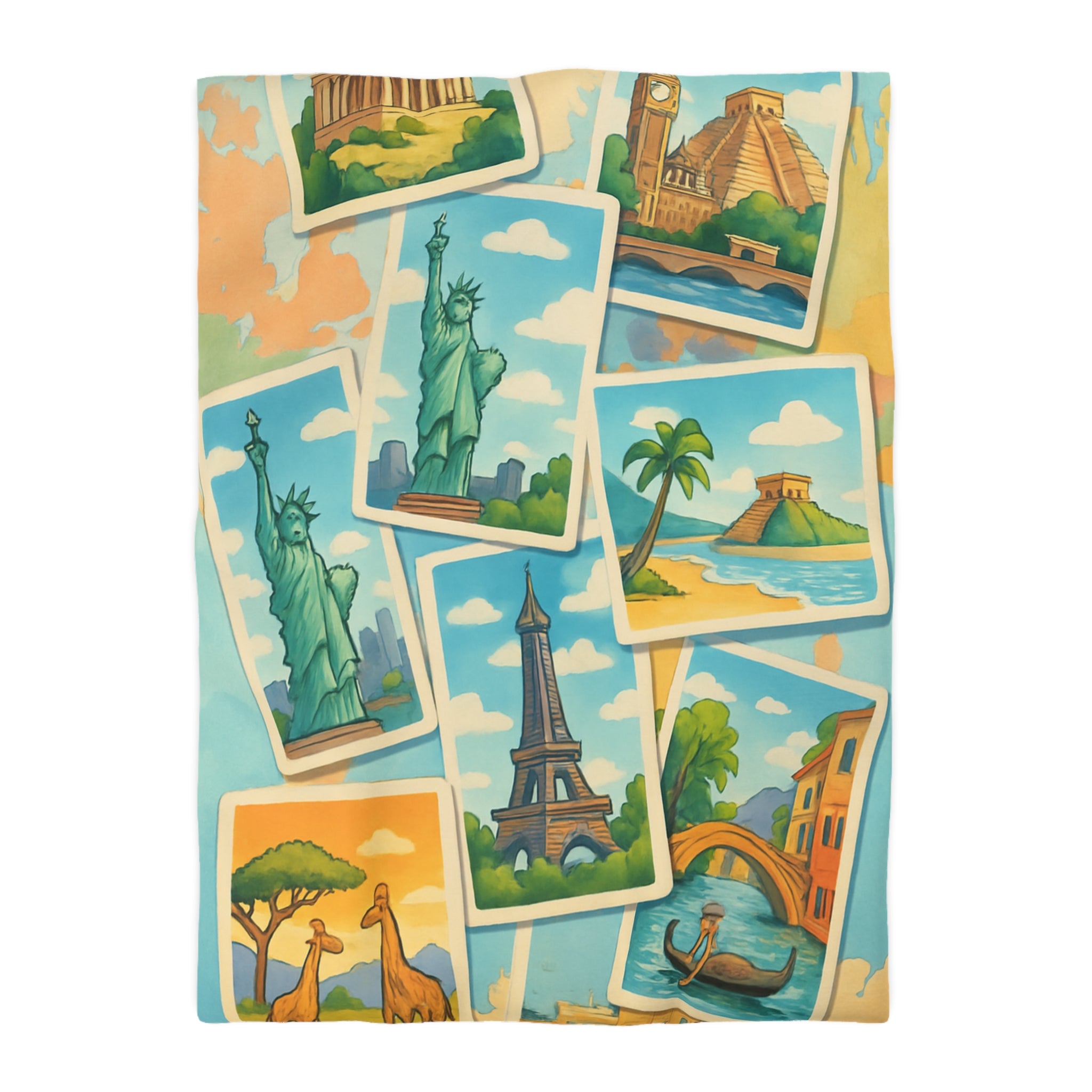 Voyage Mondial Coloré: Housse de Couette avec Monuments et Paysages Iconiques des Continents