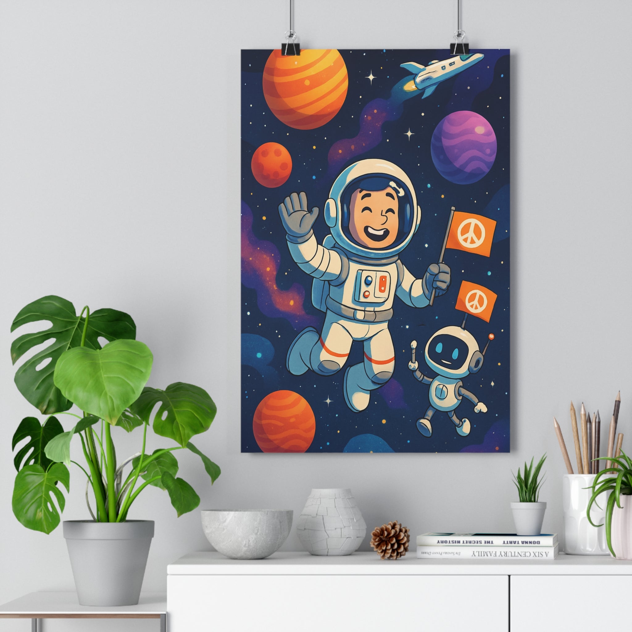 Poster décoratif cartoon orange violet aventure chambre enfant astronaute robot planètes étoiles 30x46 qualité