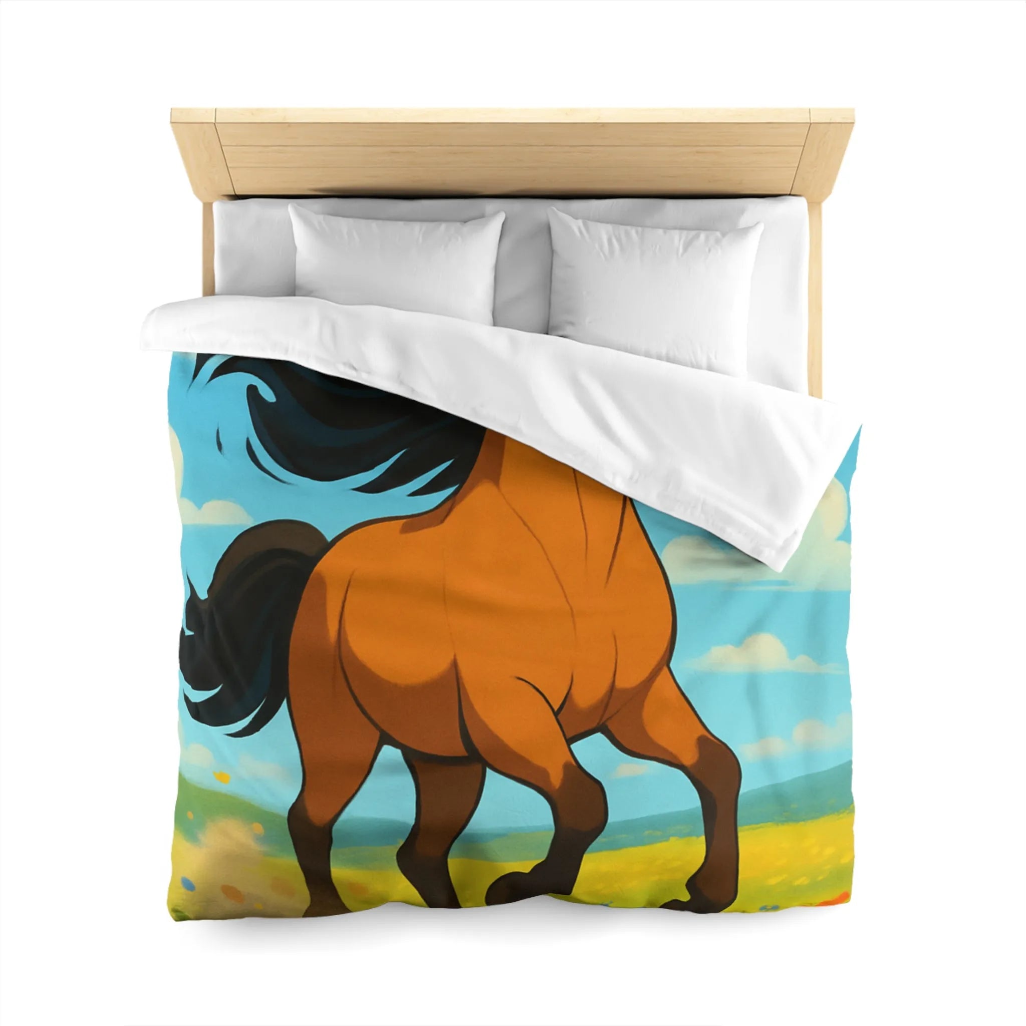 Housse de couette cheval couleur vive, prairie en fleurs, nuages, ciel bleu