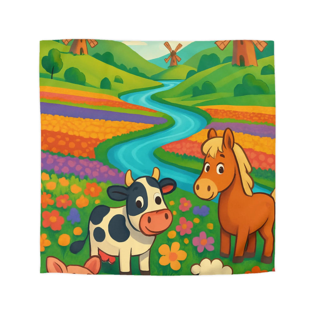 Housse de couette enfantine illustrée animaux de ferme joyeux et paysage champêtre coloré