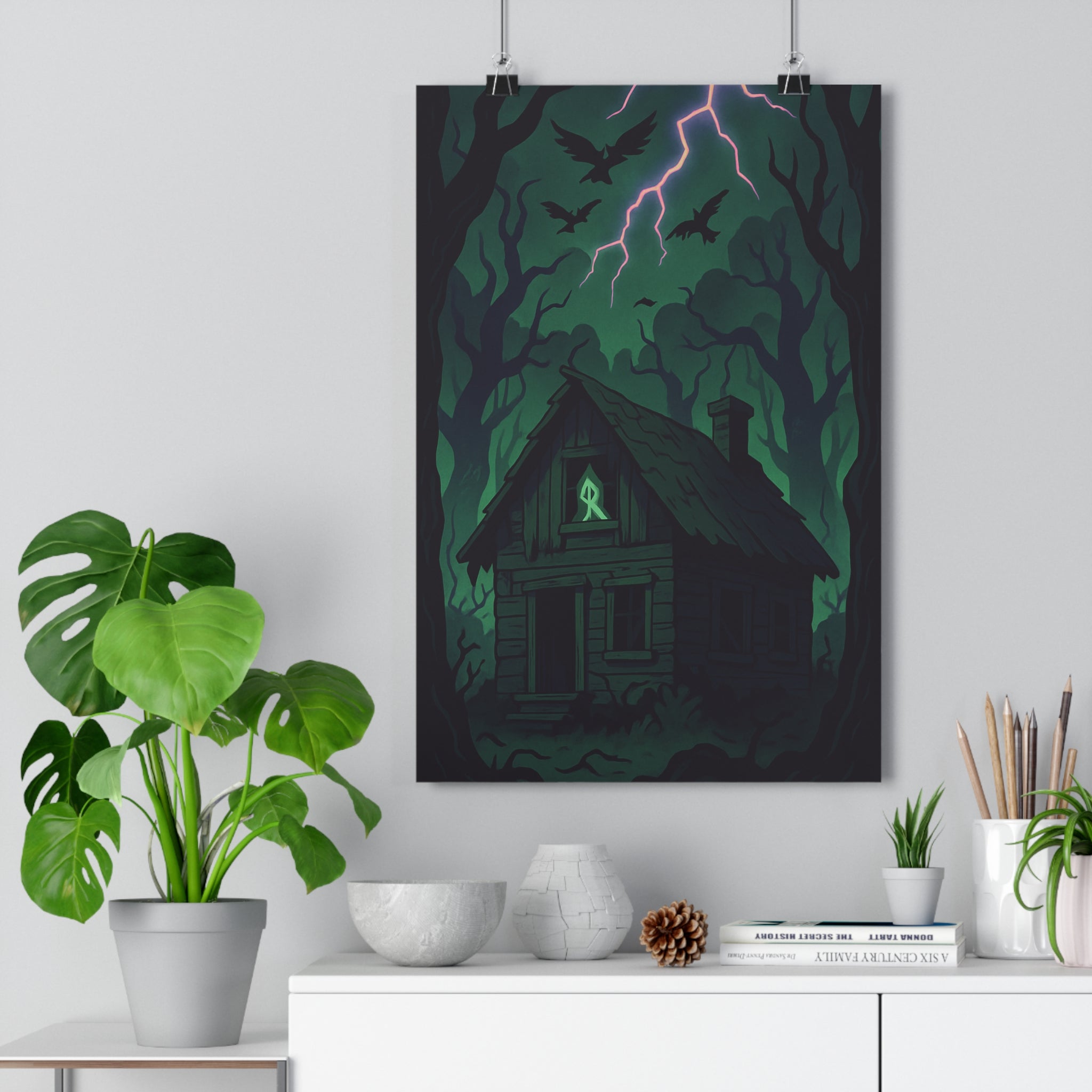 Poster décoratif sombre forêt mystique vert noir dessin animé mystérieux aventure salon chambre unique