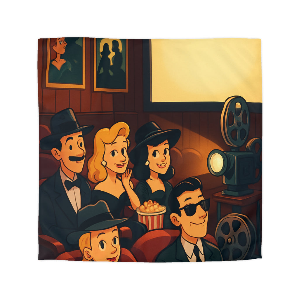 Housse de Couette Rétro Cinéma avec Scène de Spectateurs Élégants et Projecteur