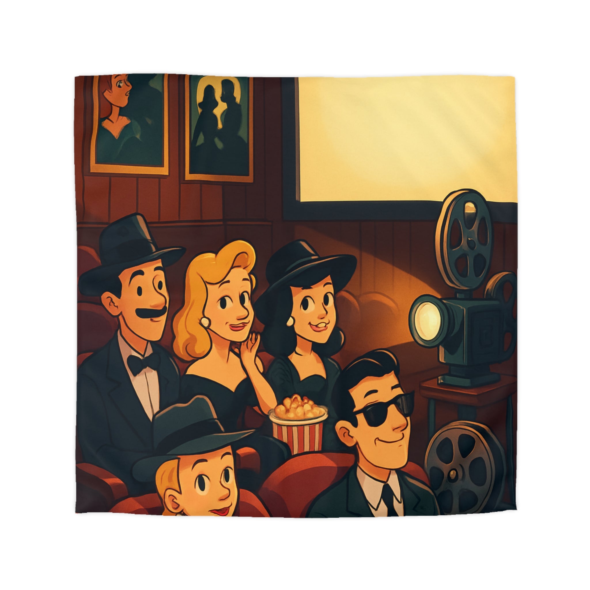 Housse de Couette Rétro Cinéma avec Scène de Spectateurs Élégants et Projecteur