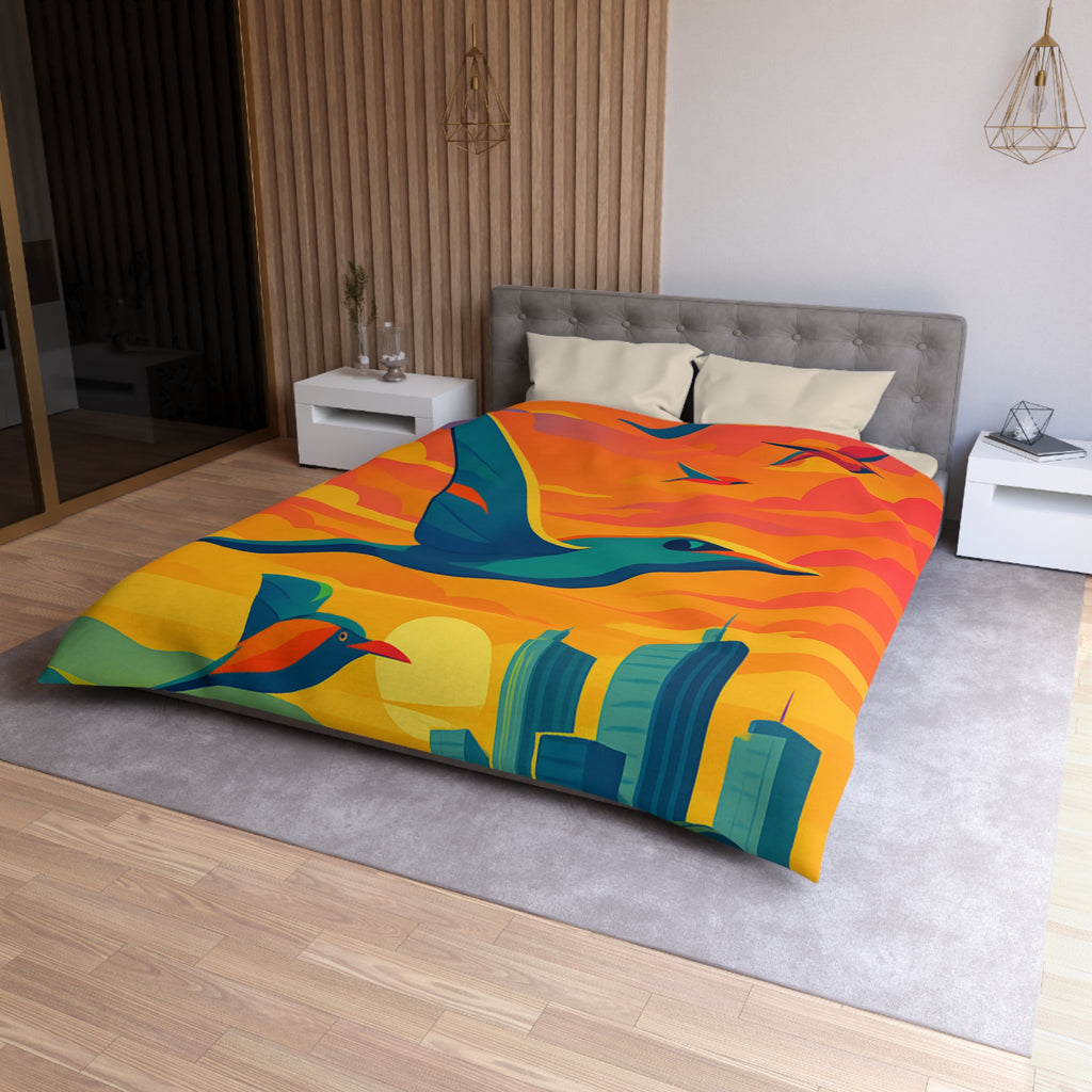 Housse de Couette Vibrante avec Oiseaux Volant au-dessus Champs et Ville au Crépuscule