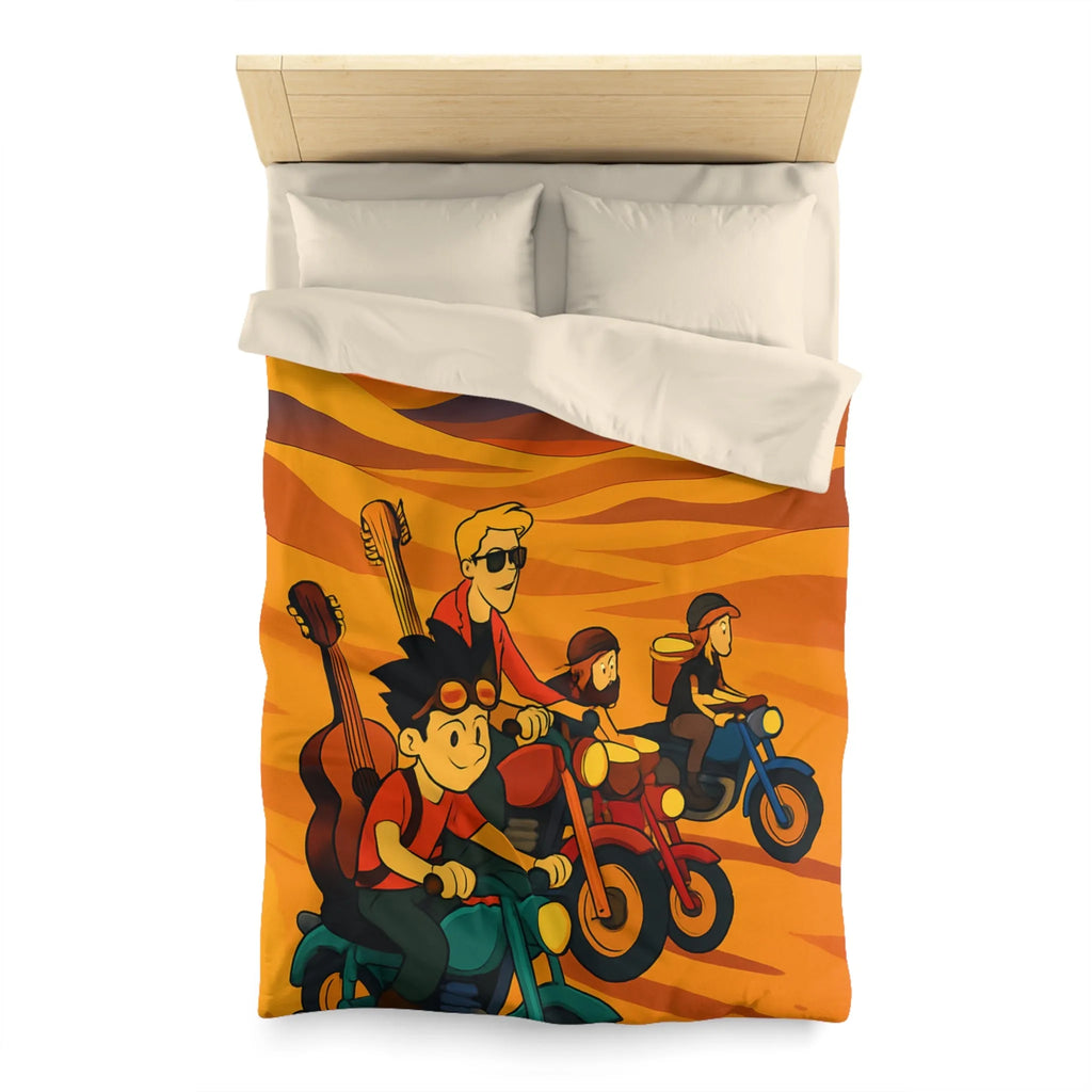Housse de couette avec aventuriers à moto dans désert vibrant pour chambre unique