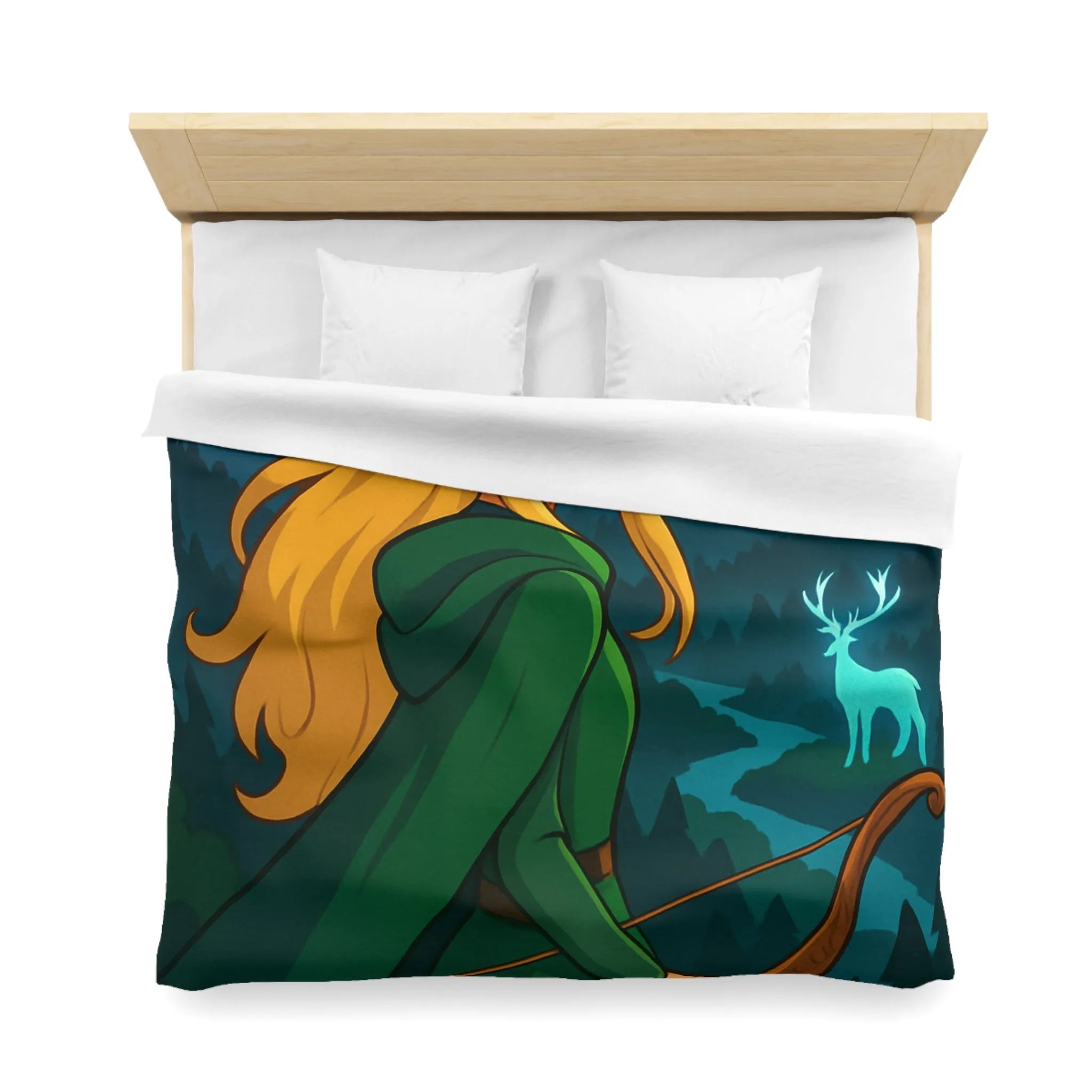 Housse de couette avec elfe archère, cerf lumineux, forêt montagneuse et ciel étoilé
