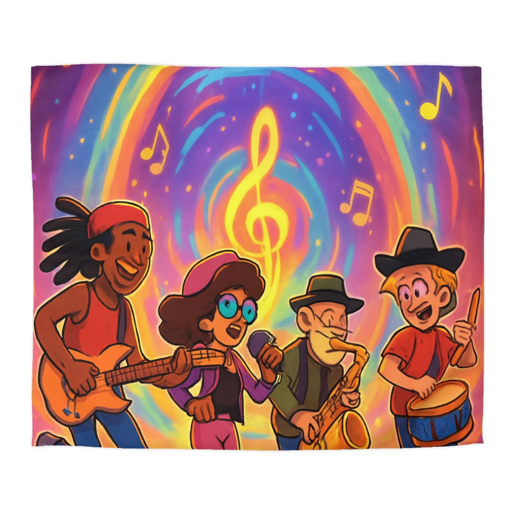 Housse de couette animée avec quatre musiciens et notes colorées en spirale lumineuse