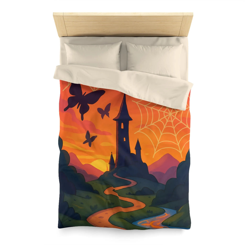 Housse de couette avec tour enchantée, papillons et toiles d'araignée au crépuscule