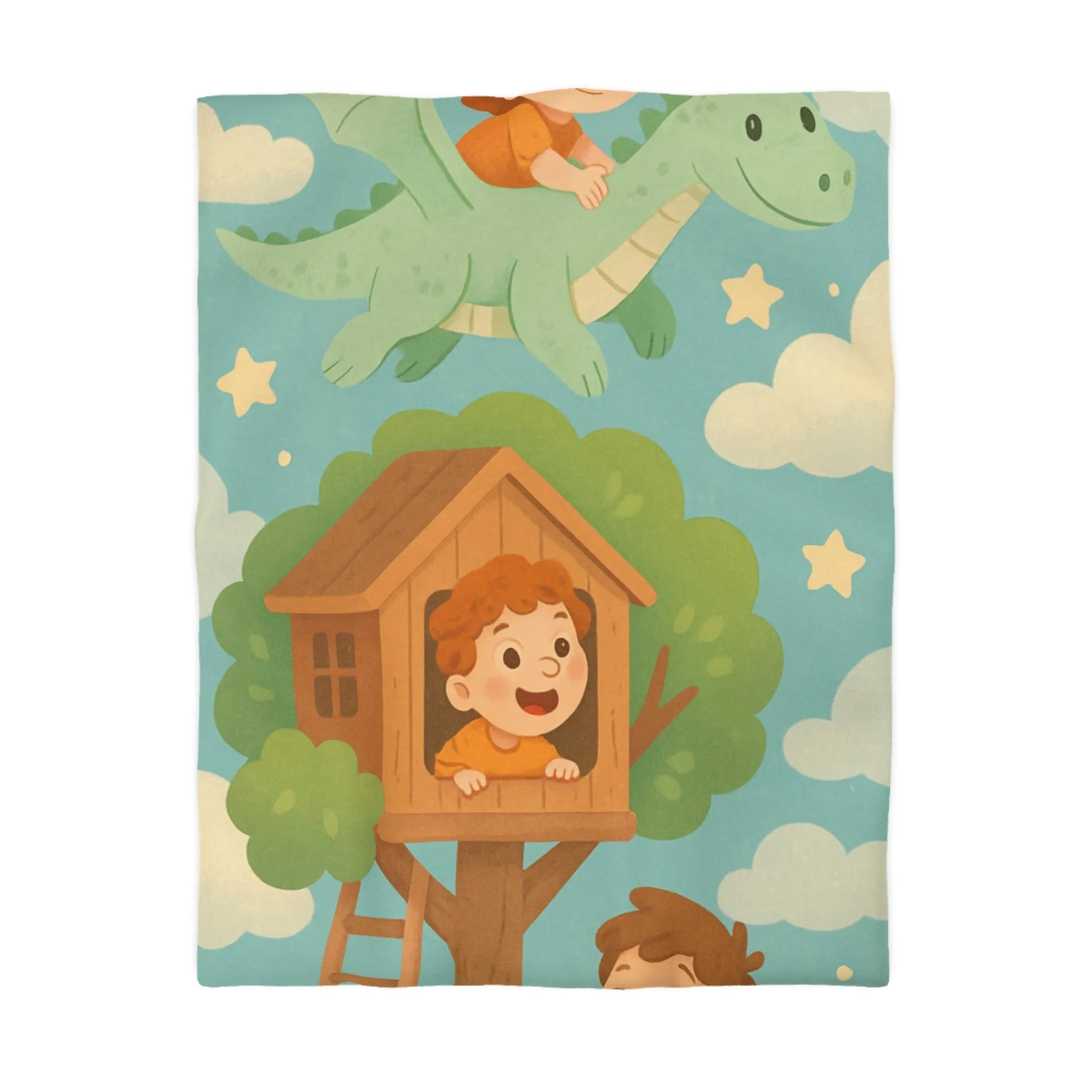 Housse de Couette Enfant Colorée avec Dragon, Maisonnette Arbre et Étoiles Féeriques